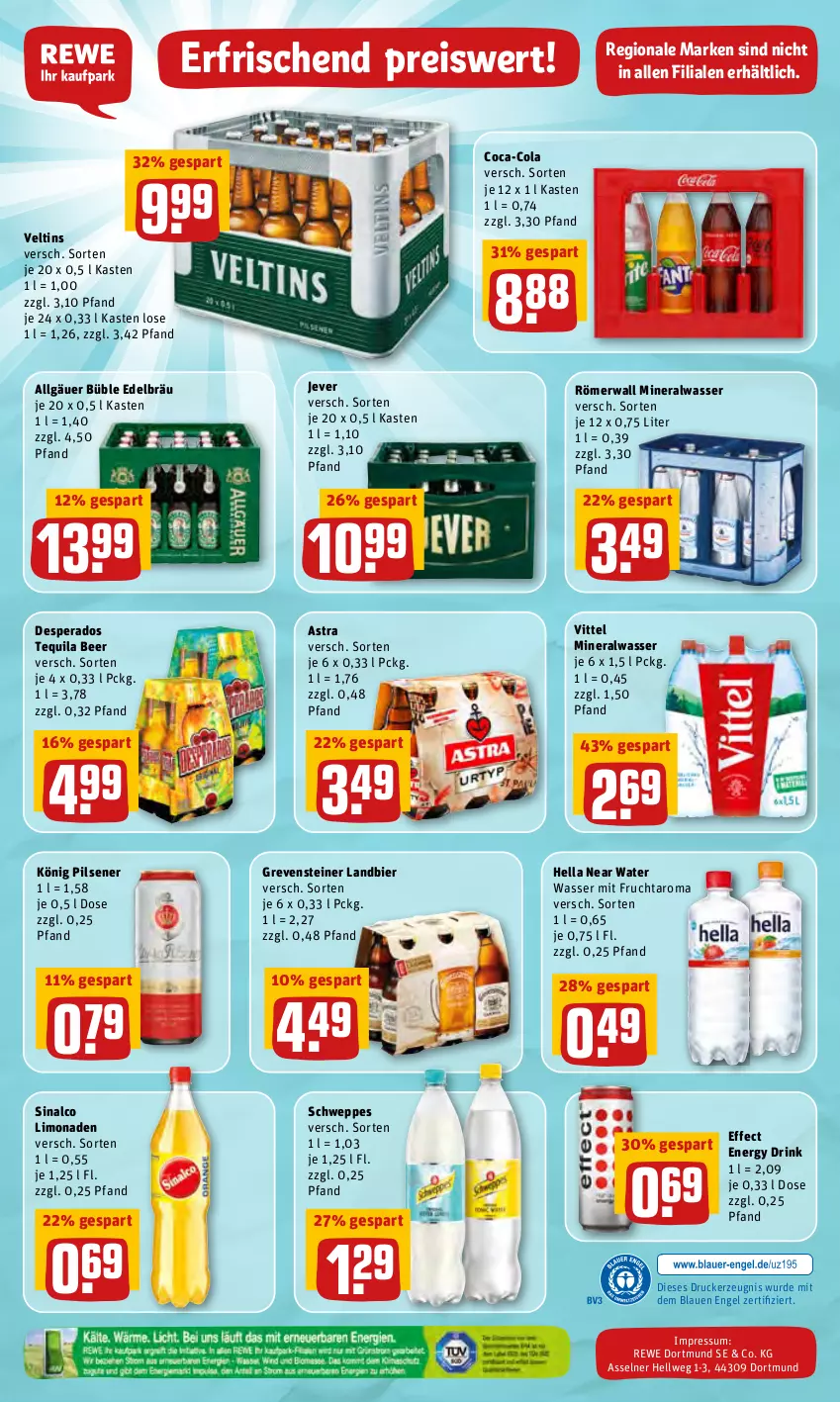 Aktueller Prospekt Rewe - REWE Ihr Kaufpark - von 14.02 bis 19.02.2022 - strona 28 - produkty: Alwa, Astra, bier, coca-cola, cola, desperados, drink, drucker, Effect, eis, energy drink, Engel, frucht, grevensteiner, hella, jever, kerze, könig pilsener, LG, limo, limonade, limonaden, mineralwasser, mit frucht, pils, pilsener, reis, schweppes, sinalco, steiner, tequila, Ti, veltins, vittel, wasser