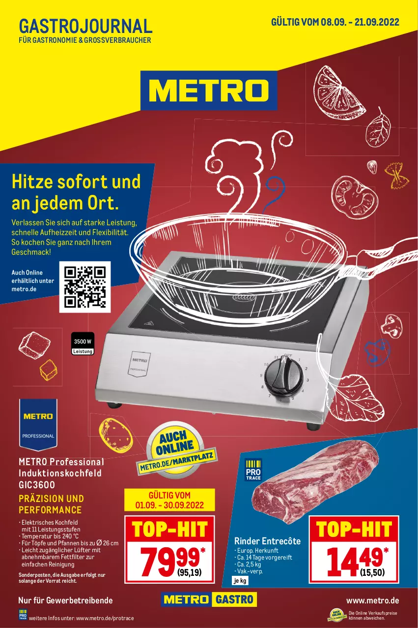 Aktueller Prospekt Metro - GastroJournal - von 08.09 bis 21.09.2022 - strona 1 - produkty: eis, entrecôte, induktionskochfeld, kochfeld, LG, Metro, pfanne, pfannen, Rauch, Reinigung, reis, rind, rinder, sonderposten, Ti, top-hit, und pfanne