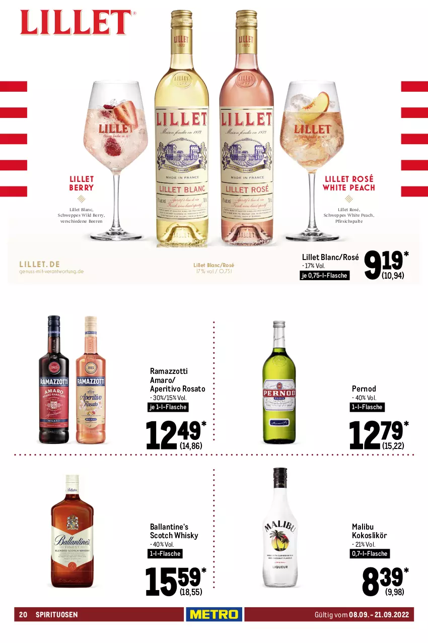 Aktueller Prospekt Metro - GastroJournal - von 08.09 bis 21.09.2022 - strona 20 - produkty: amaro, aperitivo rosato, Bad, ball, beere, beeren, brut, brut dargent, champagne, champagner, chardonnay, de blancs, ecco, elle, ente, flammkuchen, flasche, frizzante, frucht, früchte, getränk, getränke, Henri de Verlaine, honig, honigmelone, kokos, kuchen, lamm, likör, lillet, Malibu, mandel, mandeln, melone, Müller, mw-flasche, nuss, orange, Palette, perla, pfirsich, rama, ramazzott, ramazzotti, rosato, rwe, schweppes, scotch, scotch whisky, sekt, spirituosen, Ti, top-hit, vanille, vin de france, wein, whisky, Wild, wild berry, zitrone, zitronen, zott