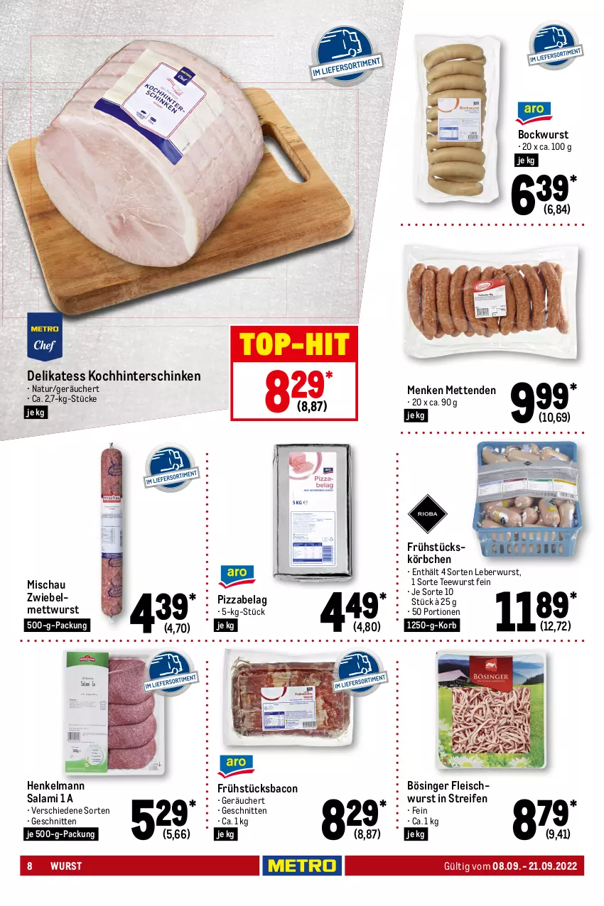 Aktueller Prospekt Metro - GastroJournal - von 08.09 bis 21.09.2022 - strona 8 - produkty: bacon, beutel, bockwurst, Brei, cheddar, edamer, eis, fleisch, fleischwurst, frischkäse, gouda, gouda jung, grünländer, henkel, hinterschinken, hochland, Käse, käsescheiben, korb, Körbchen, leberwurst, mac, Mett, metten, Mettenden, mettwurst, milch, natur, nuss, philadelphia, pizza, reifen, salakis, salami, schinken, Schmelzkäse, schnitten, schnittkäse, schnittkäsescheiben, tee, teewurst, Ti, tisch, top-hit, wurst, zwiebel, zwiebelmettwurst