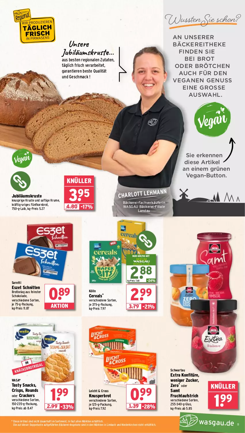 Aktueller Prospekt Wasgau - von 11.11 bis 16.11.2024 - strona 11 - produkty: angebot, angebote, arlo, auer, aufstrich, brot, brötchen, cereals, cracker, eis, frucht, fruchtaufstrich, Jubiläums, kölln, konfitüre, korn, Kornbrot, mac, nuss, reis, rum, saft, saro, sarotti, schnitten, schoko, schokolade, Schwartau, snack, snacks, Ti, Tiere, wasa, zucker