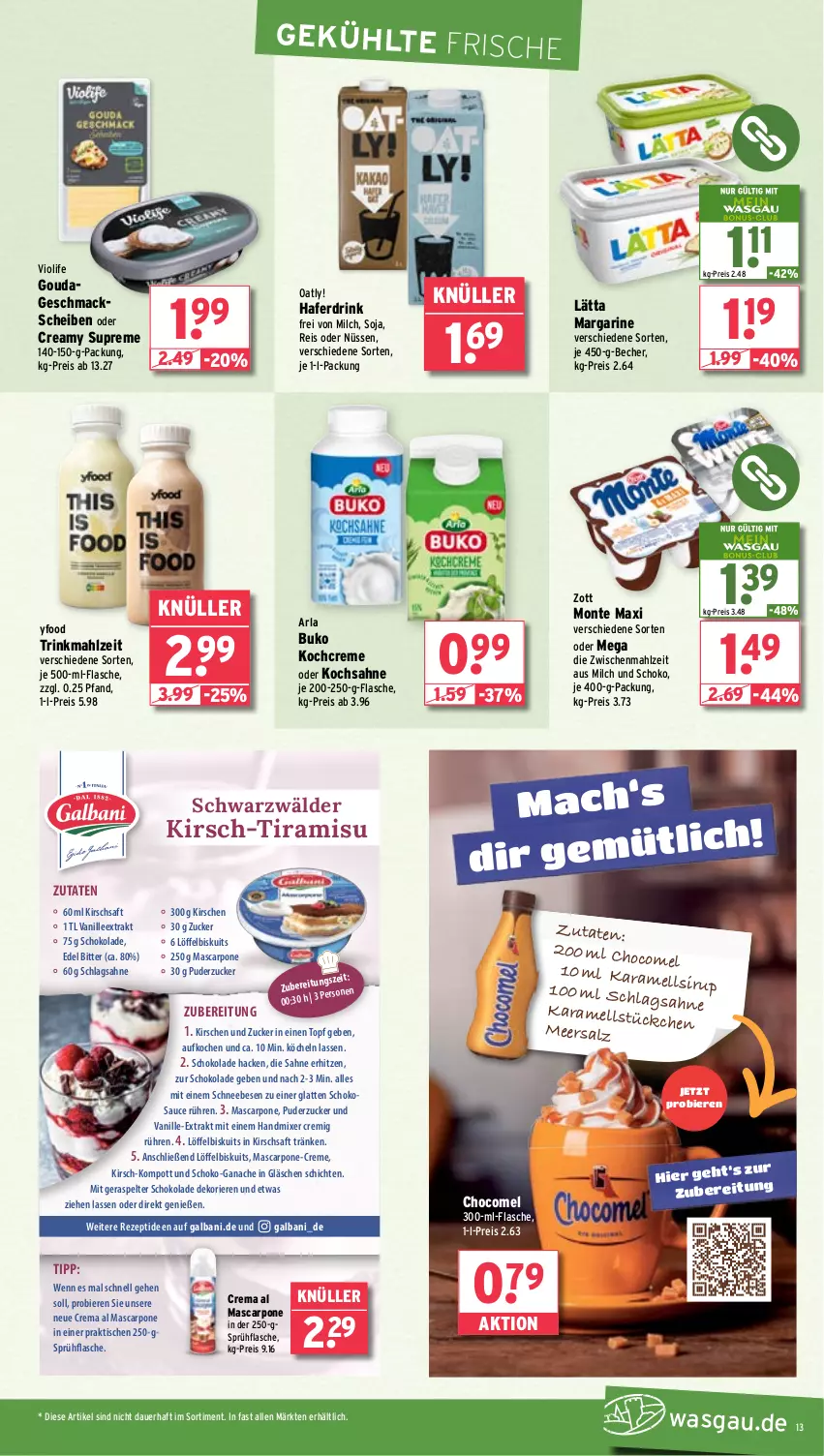 Aktueller Prospekt Wasgau - von 11.11 bis 16.11.2024 - strona 13 - produkty: arla, auer, Becher, bier, Biere, Buko, creme, drink, eis, flasche, galbani, gouda, hafer, Haferdrink, handmixer, je 500-ml-flasche, karamell, kirsch, kirsche, kirschen, Kochcreme, lätta, latte, Löffel, Löffelbiskuits, mac, margarine, mascarpone, meersalz, milch, Mixer, monte, reis, rezept, saft, sahne, salz, sauce, schlagsahne, Schneebesen, schoko, schokolade, sirup, soja, sprühflasche, Ti, tiramisu, tisch, topf, vanille, zott, zucker