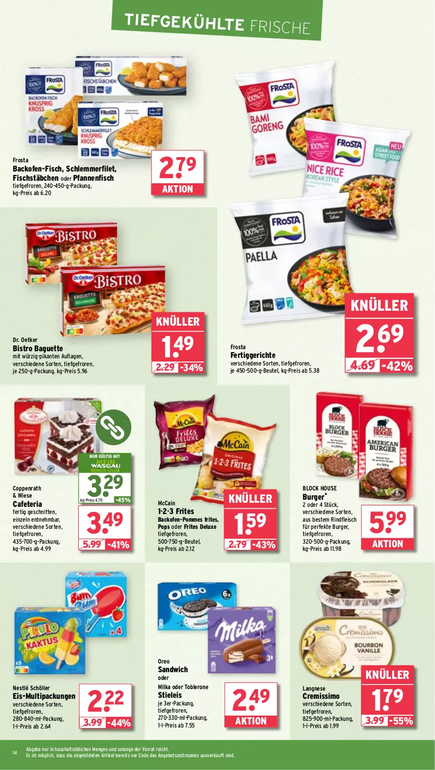 Aktueller Prospekt Wasgau - von 11.11 bis 16.11.2024 - strona 14 - produkty: angebot, backofen, baguette, beutel, Bistro Baguette, burger, coppenrath, cremissimo, Dr. Oetker, eis, fertiggericht, fertiggerichte, filet, fisch, fischstäbchen, fleisch, frosta, je 250-g-packung, langnese, langnese cremissimo, mccain, milka, nestlé, nestlé schöller, Ofen, oreo, pfanne, pfannen, pommes, Pommes Frites, reis, Ria, rind, rindfleisch, sandwich, schlemmerfilet, schnitten, Schöller, sim, stieleis, Ti, toblerone