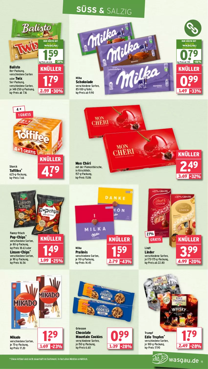 Aktueller Prospekt Wasgau - von 11.11 bis 16.11.2024 - strona 15 - produkty: auer, balisto, chips, cola, cookie, cookies, eis, funny-frisch, griesson, kirsch, kirsche, Kirschlikör, likör, lindor, lindt, linsen, mikado, milka, milka schokolade, Mon Chéri, oder twix, reis, rum, salz, schoko, schokolade, storck, Ti, toffifee, twix