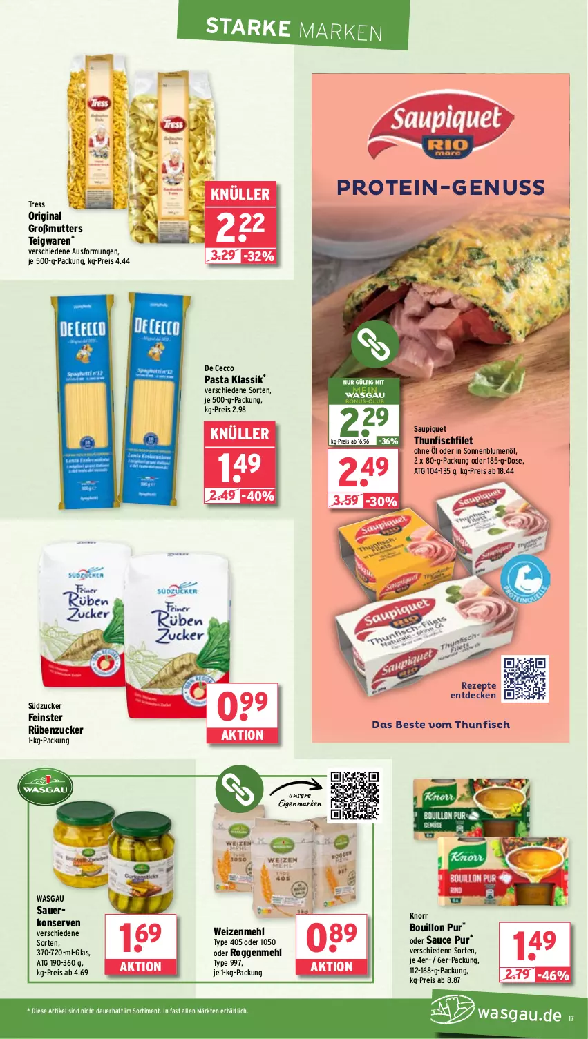 Aktueller Prospekt Wasgau - von 11.11 bis 16.11.2024 - strona 17 - produkty: auer, blume, blumen, blumenöl, De Cecco, decke, ecco, eis, filet, fisch, gin, knorr, Konserven, mehl, nuss, pasta, reis, rezept, rezepte, sauce, saupiquet, sonnenblume, sonnenblumen, sonnenblumenöl, südzucker, teigwaren, thunfisch, Ti, type 405, weizenmehl, zucker