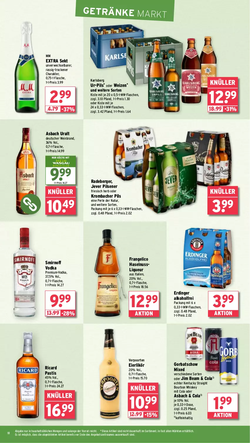 Aktueller Prospekt Wasgau - von 11.11 bis 16.11.2024 - strona 18 - produkty: alkohol, angebot, asbach uralt, asti, auer, Berger, bourbon, bourbon whiskey, cola, eier, eierlikör, eis, erdinger, flasche, frangelico, getränk, getränke, Gorbatschow, haselnuss, jever, jever pilsener, jim beam, karlsberg, kentucky straight, krombache, krombacher, krombacher pils, likör, liqueur, mm extra, mw-flasche, natur, nuss, pils, pilsener, radeberger, reis, rwe, sekt, smirnoff, Ti, tuc, verpoorten, vodka, wein, weinbrand, whiskey