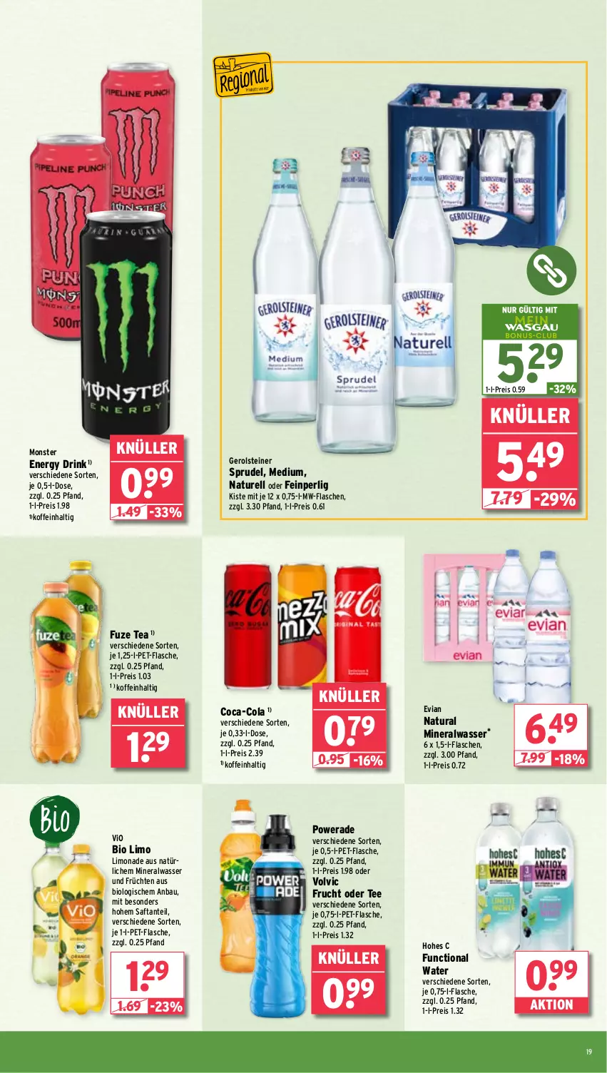 Aktueller Prospekt Wasgau - von 11.11 bis 16.11.2024 - strona 19 - produkty: Alwa, Bau, bio, bio limo, coca-cola, cola, drink, eis, energy drink, flasche, frucht, früchte, früchten, fuze tea, gerolsteine, gerolsteiner, Hohes C, limo, limonade, mineralwasser, monster, Monster Energy, mw-flasche, natur, natura, pet-flasche, reis, rel, saft, Sprudel, steiner, tee, Ti, vio bio limo, volvic, wasser