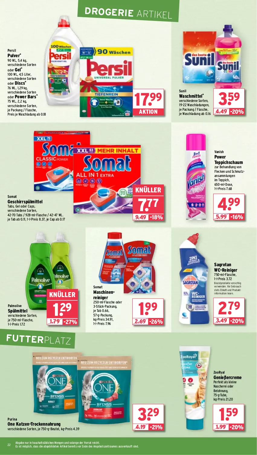 Aktueller Prospekt Wasgau - von 11.11 bis 16.11.2024 - strona 22 - produkty: angebot, beutel, bio, biozidprodukte, Cap, creme, eis, flasche, geschirr, geschirrspülmittel, leine, maschinenreiniger, olive, palmolive, persil, purina, Rauch, reiniger, reis, rwe, sagrotan, Schere, somat, spülmittel, sunil, teppich, Ti, Trockennahrung, vanish, waschmittel, wc-reiniger