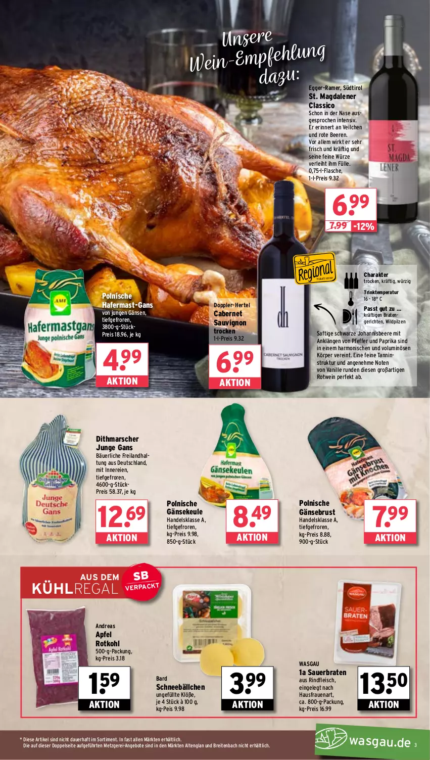 Aktueller Prospekt Wasgau - von 11.11 bis 16.11.2024 - strona 3 - produkty: AEZ, angebot, angebote, apfel, auer, aus dem kühlregal, beere, beeren, braten, Brei, cabernet, cabernet sauvignon, classico, Egger, eis, flasche, fleisch, Gänsebrust, hafer, johannisbeere, kühlregal, mars, paprika, pfeffer, pilze, regal, reis, rind, rindfleisch, rotkohl, rotwein, saft, sauvignon, Ti, vanille, wein, Wild