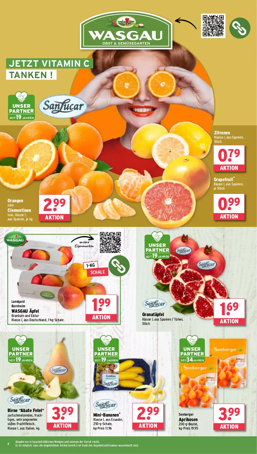 Aktueller Prospekt Wasgau - von 11.11 bis 16.11.2024 - strona 8 - produkty: angebot, aprikose, aprikosen, banane, bananen, Berger, beutel, clementinen, eis, fleisch, frucht, fruchtfleisch, grana, Granatäpfel, grapefruit, orange, orangen, Rana, reis, Schal, Schale, seeberger, Ti, vita, Vitamin C, zitrone, zitronen