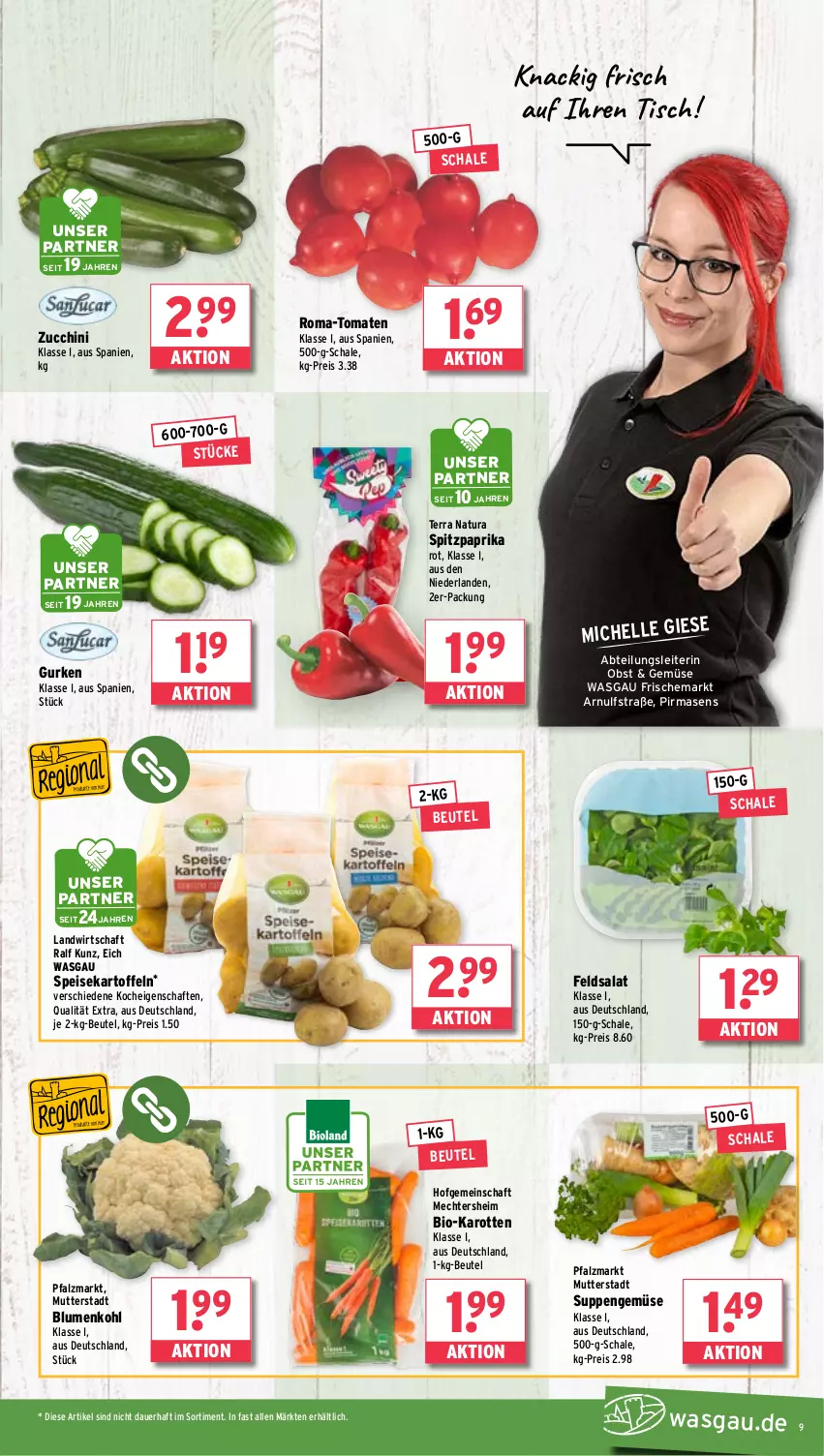 Aktueller Prospekt Wasgau - von 11.11 bis 16.11.2024 - strona 9 - produkty: Abtei, auer, beutel, bio, bio-karotten, blume, blumen, blumenkohl, eis, elle, feldsalat, gurke, gurken, karotten, kartoffel, kartoffeln, natur, natura, obst, paprika, paprika rot, reis, salat, Schal, Schale, speisekartoffeln, Spitzpaprika, suppe, suppen, Ti, tisch, tomate, tomaten, zucchini