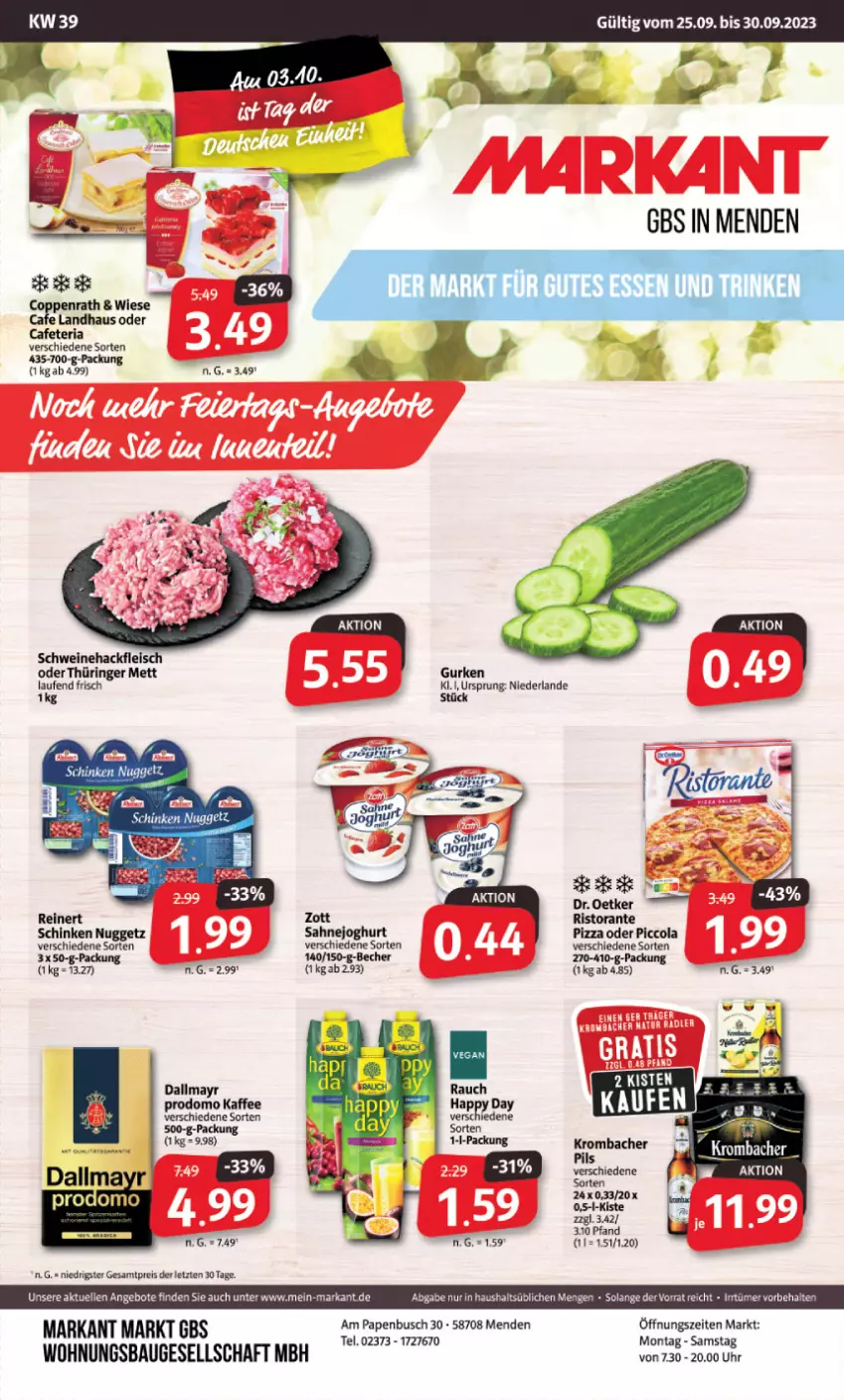 Aktueller Prospekt Markant - Prospekte - von 25.09 bis 30.09.2023 - strona 1 - produkty: angebot, angebote, Bau, cola, dallmayr, eis, elle, Happy Day, joghur, joghurt, kaffee, Mett, pizza, Rauch, reinert, reis, Ria, sahne, Sahnejoghurt, schinken, Ti, uhr, zott, ZTE