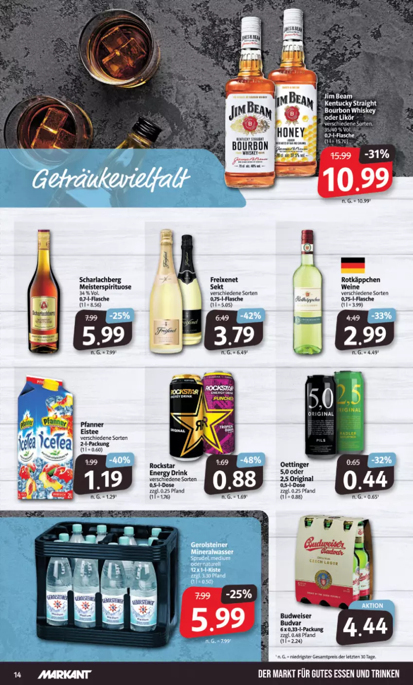 Aktueller Prospekt Markant - Prospekte - von 25.09 bis 30.09.2023 - strona 14 - produkty: arla, bourbon, bourbon whiskey, budweiser, drink, eis, eistee, energy drink, flasche, freixenet, gin, kentucky straight, Meister, oettinger, pfanne, Pfanner, reis, Rockstar, rotkäppchen, sekt, tee, Ti, tuc, wein, weine, whiskey, ZTE