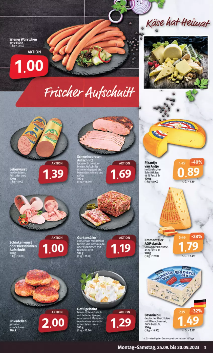 Aktueller Prospekt Markant - Prospekte - von 25.09 bis 30.09.2023 - strona 3 - produkty: ananas, arlo, bavaria blu, creme, dell, deutscher weichkäse, eis, elle, emmentaler, frikadellen, Geflügel, geflügelsalat, hartkäse, holländischer schnittkäse, Käse, reis, Ria, salat, salatcreme, schnittkäse, schweizer hartkäse, Ti, weichkäse, wiener, wiener würstchen, würstchen, ZTE