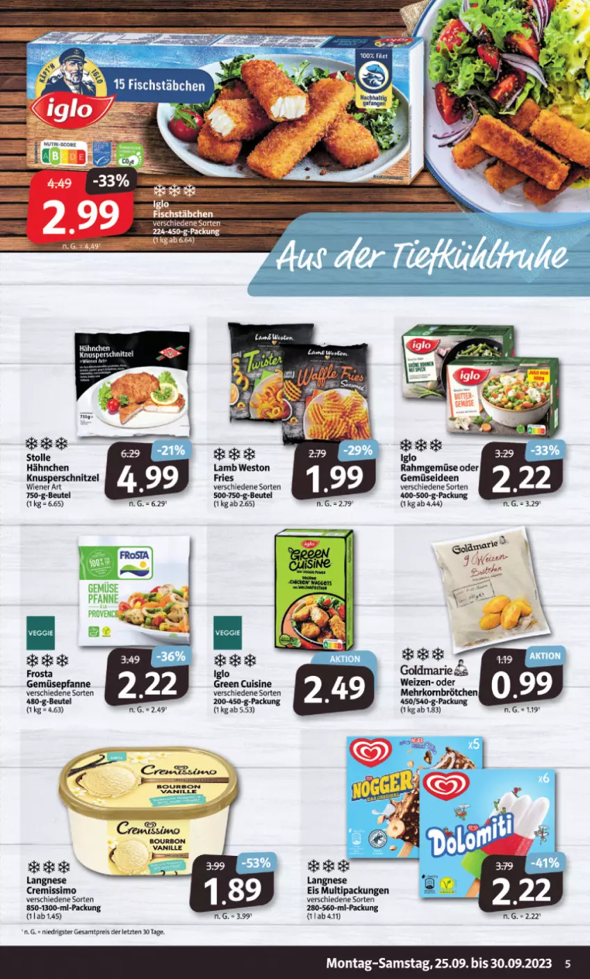 Aktueller Prospekt Markant - Prospekte - von 25.09 bis 30.09.2023 - strona 5 - produkty: beutel, brötchen, cremissimo, eis, fisch, fischstäbchen, frosta, goldmarie, iglo, langnese, langnese cremissimo, langnese eis, pfanne, Rahmgemüse, reis, schnitzel, sim, Ti, wiener, ZTE