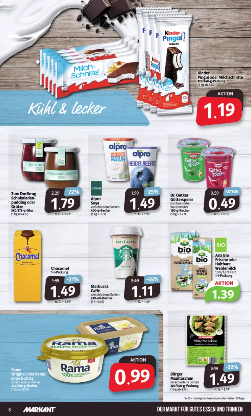 Aktueller Prospekt Markant - Prospekte - von 25.09 bis 30.09.2023 - strona 6 - produkty: arla, Becher, bio, caffe, eis, götterspeise, grütze, gutes essen, himbeer, maultaschen, Meister, milch, pudding, reis, schoko, schokolade, schokoladen, soya, starbucks, Tasche, taschen, Ti, waldmeister, weidemilch, ZTE, Zum Dorfkrug