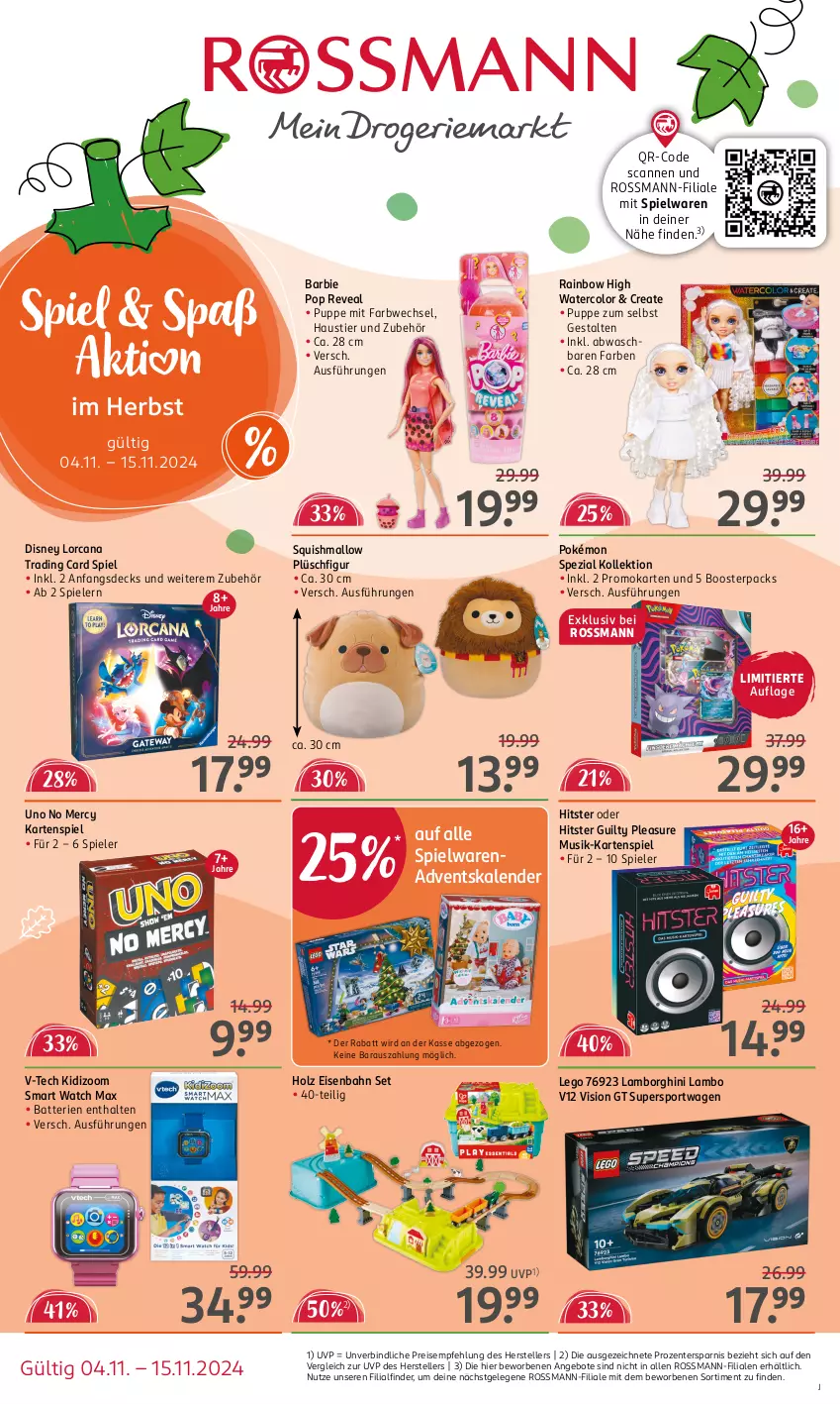 Aktueller Prospekt Rossmann - Prospekte - von 04.11 bis 15.11.2024 - strona 1 - produkty: Adventskalender, angebot, angebote, aust, Barbie, batterie, batterien, disney, eis, Eisenbahn, elle, ente, Holz, Kartenspiel, Plüsch, Puppe, reis, Spezi, Spiele, spielwaren, Sport, Stier, teller, Ti