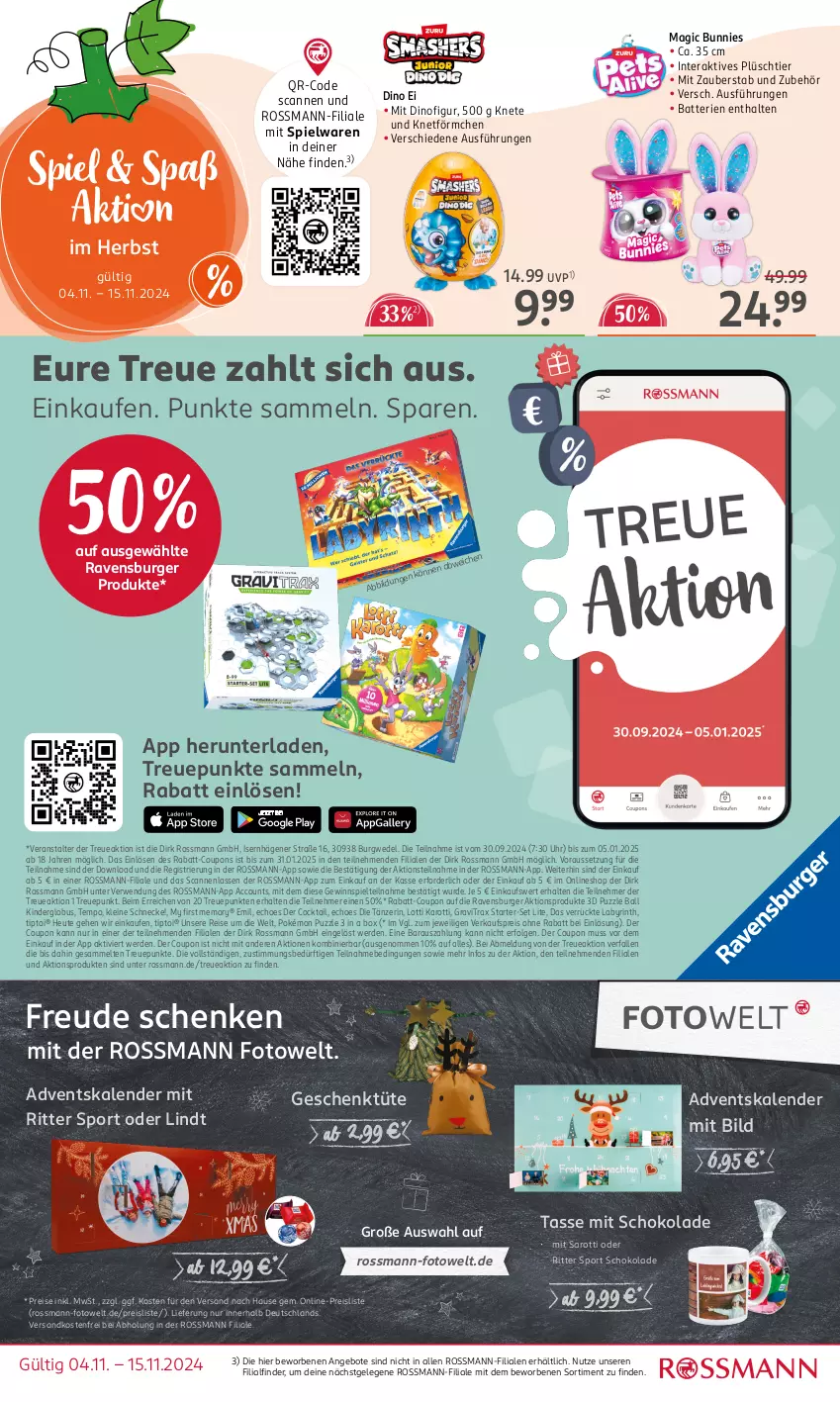 Aktueller Prospekt Rossmann - Prospekte - von 04.11 bis 15.11.2024 - strona 12 - produkty: ACC, Adventskalender, angebot, angebote, ball, batterie, batterien, burger, cocktail, coupon, coupons, eis, erde, gewinnspiel, Heu, Kinder, leine, LG, lindt, ndk, Plüsch, Puzzle, rabatt-coupon, ravensburger, reis, ritter, ritter sport, rwe, saro, sarotti, schoko, schokolade, spielwaren, Sport, tasse, Tempo, Ti, Tiptoi, Tüte, uhr, versandkostenfrei, wedel