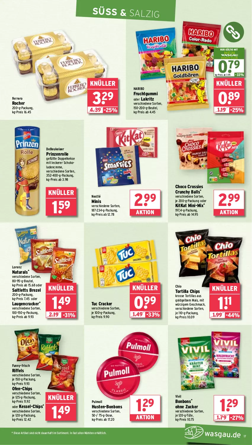 Aktueller Prospekt Wasgau - von 25.11 bis 30.11.2024 - strona 17 - produkty: auer, ball, beutel, bonbons, brezel, chips, choco crossies, cracker, creme, crossies, debeukelaer, Doppelkekse, eis, ferrero, Ferrero Rocher, frucht, fruchtgummi, funny-frisch, haribo, keks, kekse, kitkat, Lakritz, lorenz, mac, mais, natur, natura, nestlé, oder lakritz, Ofen, prinzenrolle, reis, saltletts, salz, schoko, schokolade, schokoladen, Ti, tortilla, Tortilla Chips, tortillas, tuc, Tüte, zucker