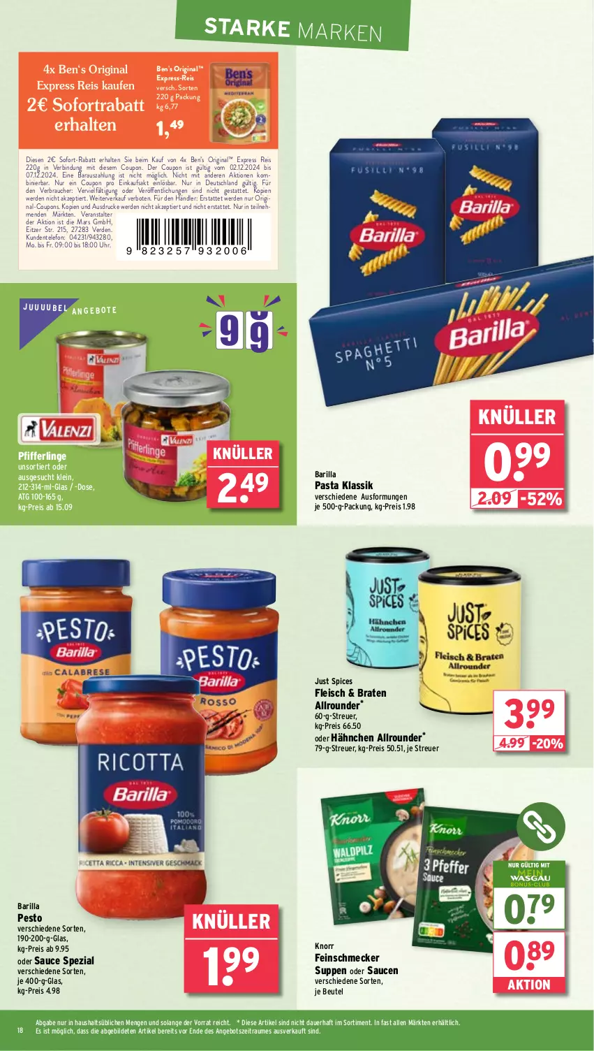 Aktueller Prospekt Wasgau - von 25.11 bis 30.11.2024 - strona 18 - produkty: angebot, angebote, auer, barilla, Ben’s Original, beutel, braten, coupon, coupons, eis, ente, erde, express-reis, feinschmecker, fleisch, gin, knorr, mars, pasta, pesto, Pfifferlinge, Rauch, reis, sauce, saucen, sofort-rabatt, sofortrabatt, Spezi, suppe, suppen, telefon, Ti, uhr