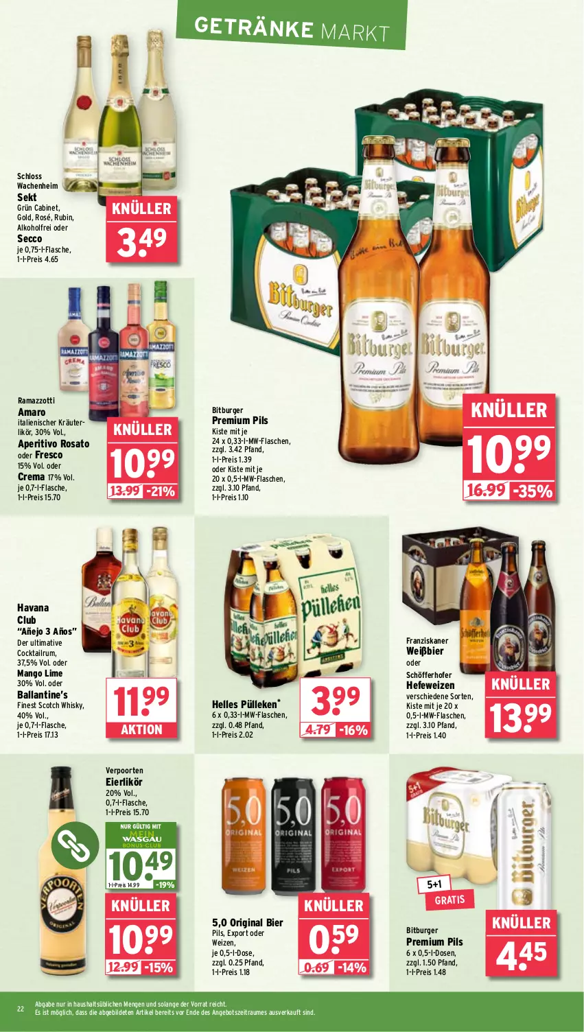 Aktueller Prospekt Wasgau - von 25.11 bis 30.11.2024 - strona 22 - produkty: alkohol, amaro, angebot, aperitivo rosato, ball, bier, bitburger, burger, cocktail, ecco, eier, eierlikör, eis, elle, flasche, franziskaner, getränk, getränke, gin, Havana Club, Hefe, hefeweizen, kräuter, kräuterlikör, likör, mango, mw-flasche, pils, premium pils, rama, ramazzott, ramazzotti, reis, rosato, Rubin, rum, schöfferhofer, scotch, scotch whisky, sekt, Ti, verpoorten, whisky, zott