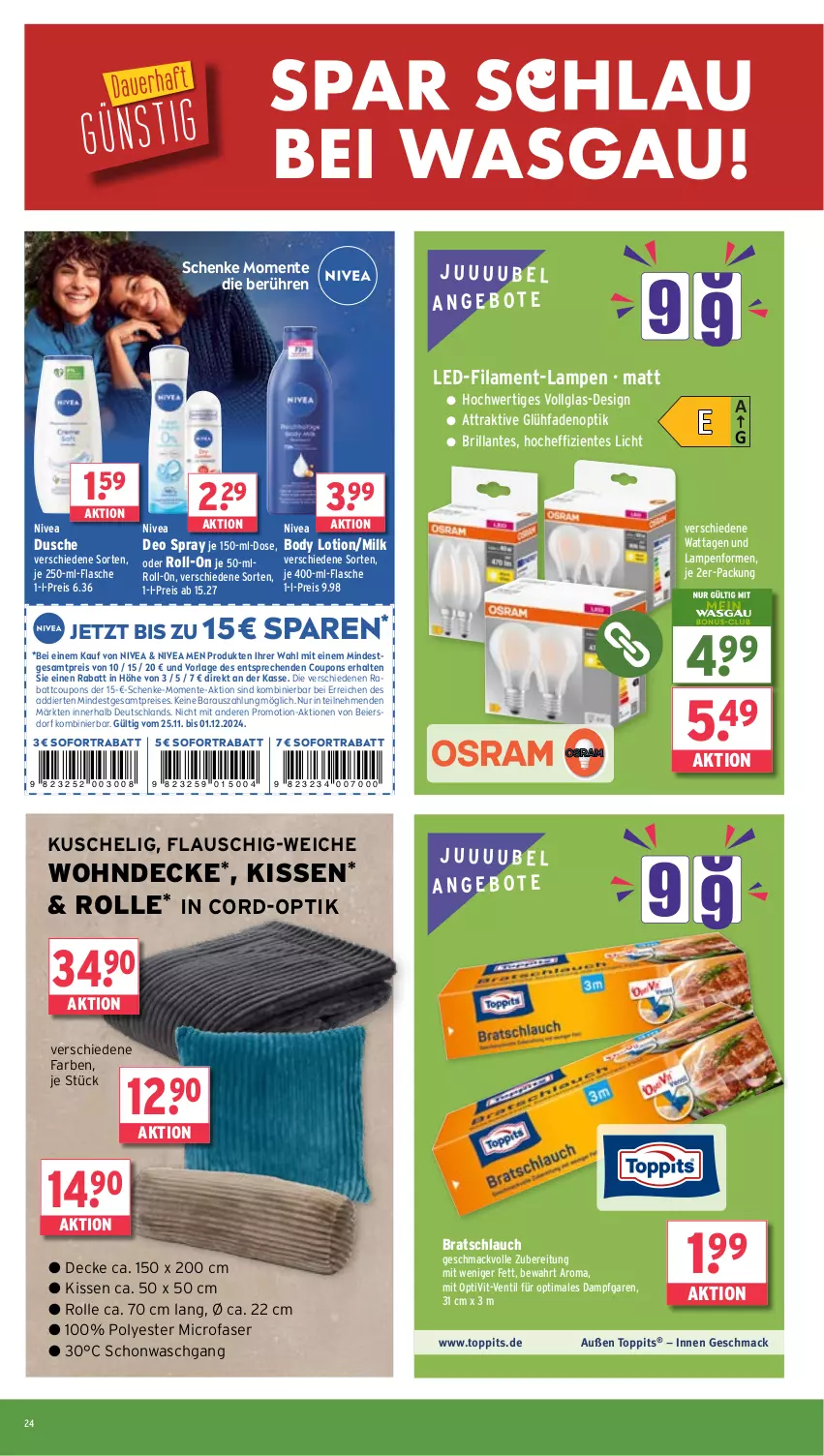 Aktueller Prospekt Wasgau - von 25.11 bis 30.11.2024 - strona 24 - produkty: angebot, angebote, body, body lotion, coupon, coupons, decke, deo, deo spray, dusche, eier, eis, ente, flasche, kissen, Lampe, LG, Lotion, mac, nivea, Nivea Men, reis, roll-on, schlauch, sofortrabatt, Ti, toppits