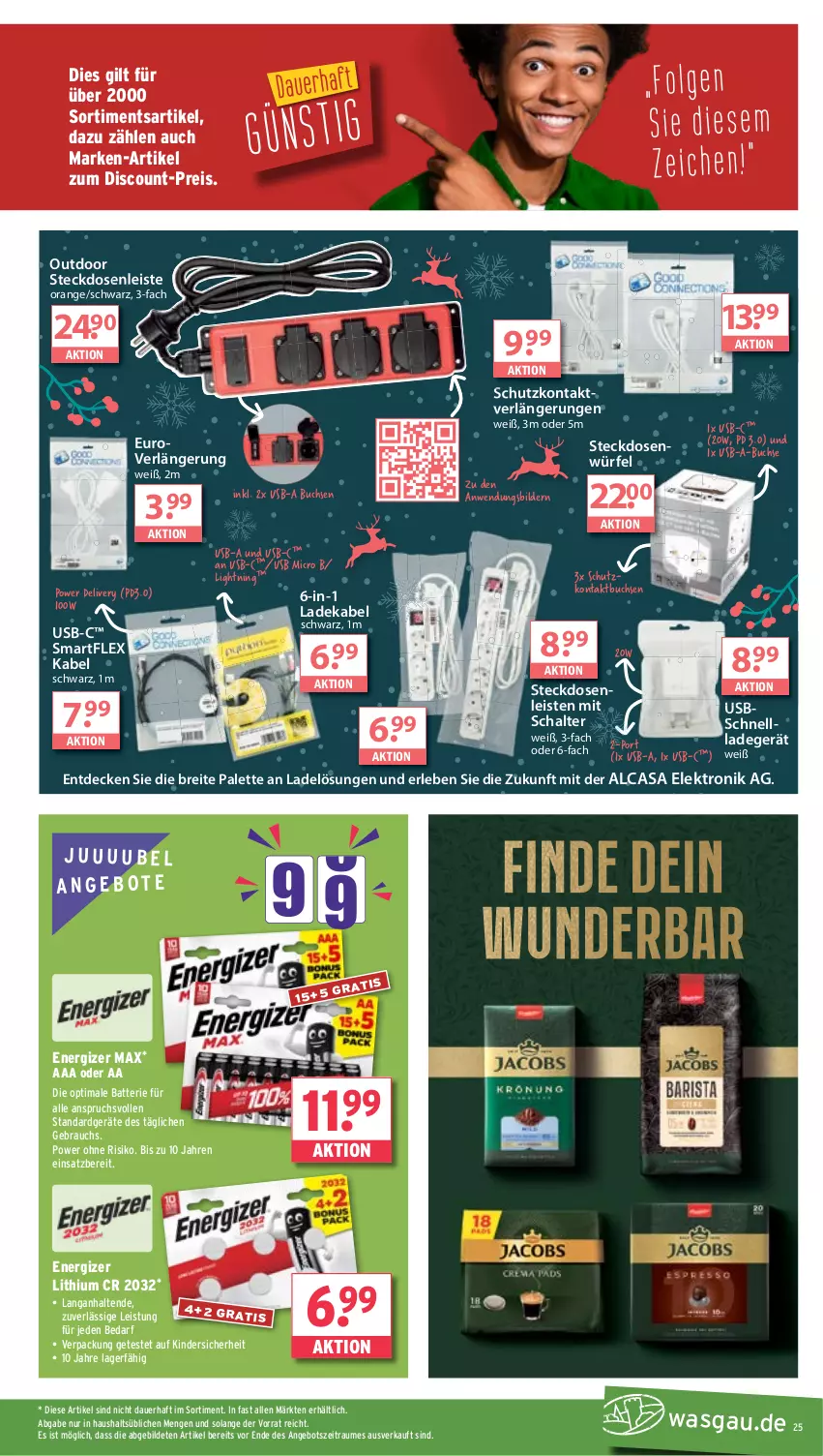 Aktueller Prospekt Wasgau - von 25.11 bis 30.11.2024 - strona 25 - produkty: angebot, angebote, auer, batterie, Brei, buch, decke, deka, discount, eis, Elektro, energizer, Kinder, ladegerät, ladekabel, orange, Palette, Rauch, reis, Schal, schnellladegerät, steckdose, Steckdosenleiste, Ti, usb, würfel