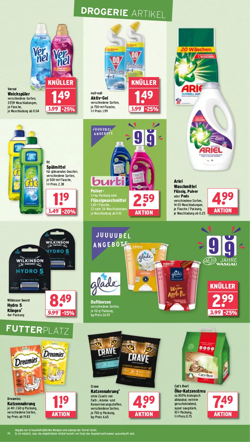 Aktueller Prospekt Wasgau - von 25.11 bis 30.11.2024 - strona 26 - produkty: Abba, angebot, angebote, ariel, ariel waschmittel, Bau, binden, bio, dreamies, Duftkerze, eis, flasche, geschirr, je 500-ml-flasche, katzennahrung, Katzenstreu, kerze, Pods, reis, spülmittel, Ti, vernel, waschmittel, weichspüler, wilkinson