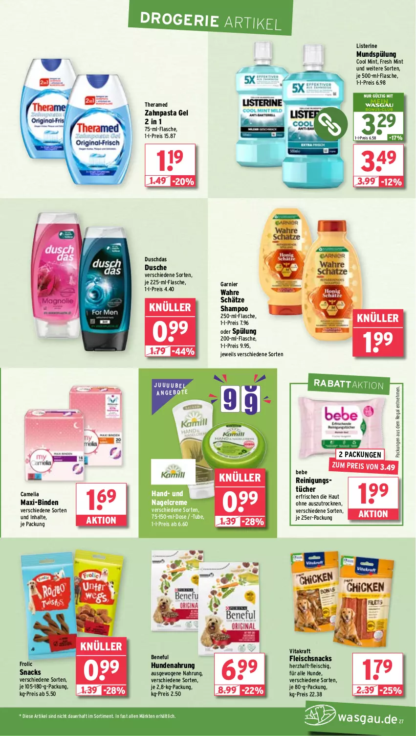 Aktueller Prospekt Wasgau - von 25.11 bis 30.11.2024 - strona 27 - produkty: angebot, angebote, auer, Bebe, binden, camelia, creme, duschdas, dusche, eis, flasche, fleisch, frolic, garnier, hundenahrung, je 500-ml-flasche, kraft, listerine, mint, mundspülung, pasta, regal, Reinigung, reinigungstücher, reis, shampoo, snack, snacks, spülung, theramed, Ti, tücher, vita, vitakraft, Wahre Schätze, zahnpasta