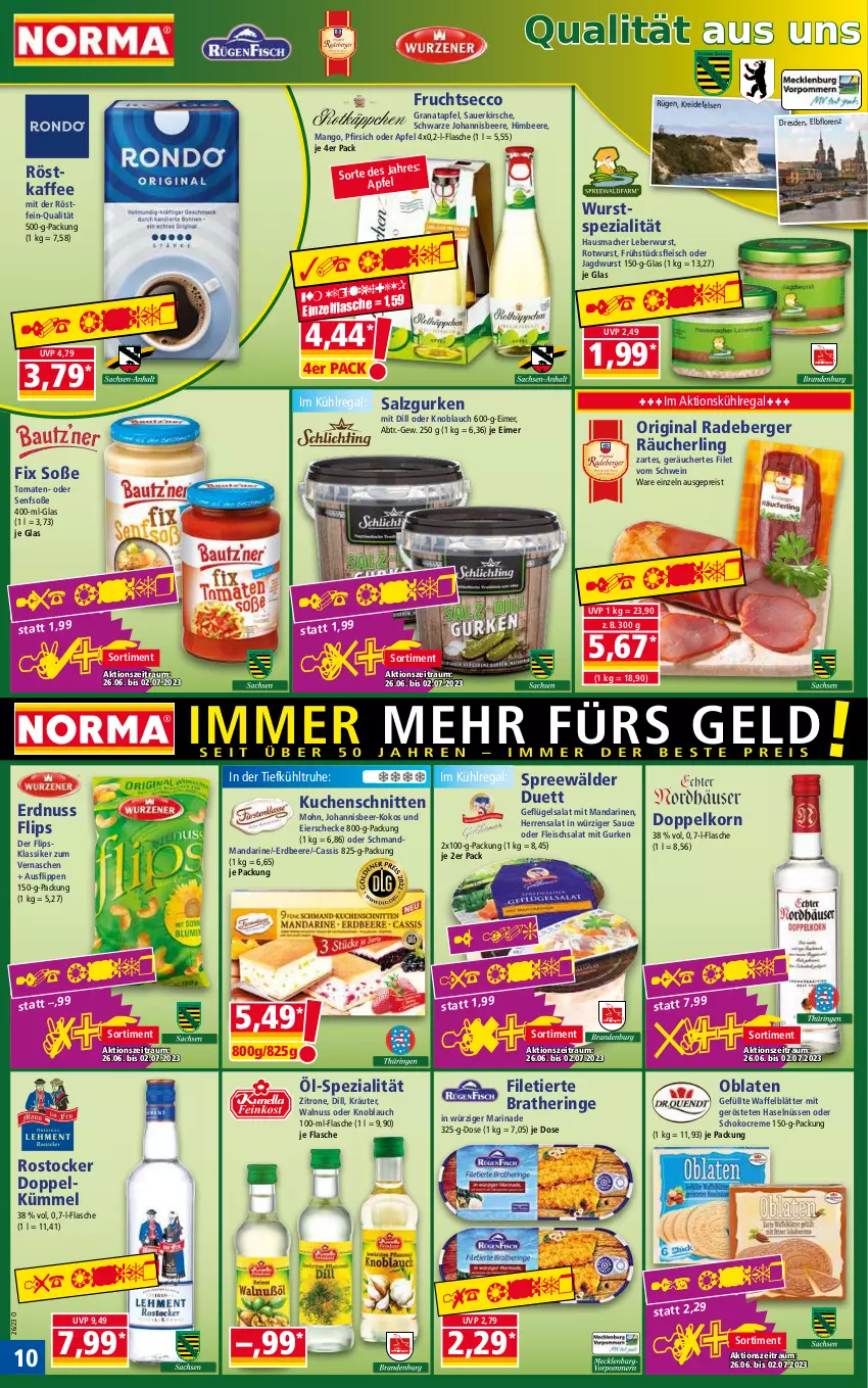 Aktueller Prospekt Norma - Norma - von 26.06 bis 03.07.2023 - strona 10 - produkty: apfel, auer, beere, Berger, Bratheringe, cassis, creme, doppelkorn, ecco, eier, eimer, eis, erdbeere, erdnuss, filet, Filetierte Bratheringe, flasche, fleisch, fleischsalat, frucht, fruchtsecco, frühstücksfleisch, Geflügel, geflügelsalat, gin, grana, granatapfel, gurke, gurken, Hausmacher, hering, himbeer, himbeere, jagdwurst, johannisbeere, kaffee, kirsch, kirsche, knoblauch, kokos, korn, kräuter, Kreide, kuchen, Kuchenschnitte, kühlregal, leberwurst, lorenz, mac, mandarine, mandarinen, mango, marinade, nuss, Oblaten, pfirsich, radeberger, Rana, Räucherling, regal, reis, ring, Rostocker, Rotwurst, salat, salz, sauce, schmand, schnitten, schoko, schwein, senf, Senfsoße, Soße, Spezi, spreewälder, Ti, tomate, tomaten, walnuss, wein, wurst, zitrone