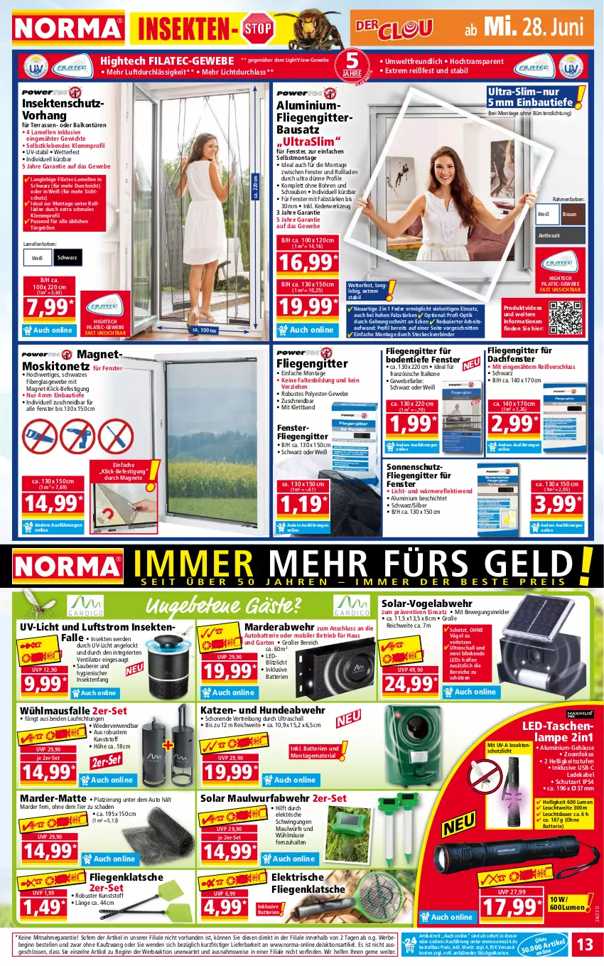 Aktueller Prospekt Norma - Norma - von 26.06 bis 03.07.2023 - strona 13 - produkty: auer, auto, batterie, batterien, Bau, Bebe, braun, bürste, bürsten, deka, deo, eis, elle, erde, fenster, fliegengitter, Fliegenklatsche, Garten, gin, insektenschutz, ladekabel, Lampe, leds, Liege, Marderabwehr, Maus, moskitonetz, ndk, passend für alle, reis, Ria, rwe, Schal, schnitten, schrauben, Schütze, sekt, sonnenschutz, Tasche, taschen, taschenlampe, Ti, Tiere, usb, ventilator, werkzeug