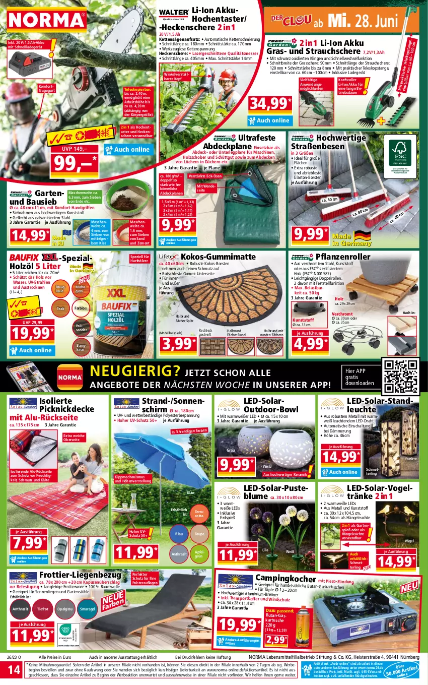 Aktueller Prospekt Norma - Norma - von 26.06 bis 03.07.2023 - strona 14 - produkty: abdeckplane, akku, angebot, angebote, apfel, auer, aust, auto, Bau, baumwolle, Bebe, blume, Brei, brie, decke, dell, Draht, eis, elle, erde, Garten, gin, Grasschere, Hängeleuchte, heckenschere, Holz, Kette, Kocher, koffer, kokos, kraft, ladegerät, lebensmittel, leds, Leuchte, leuchten, LG, Liege, messer, Mett, Mode, ndk, pflanze, pflanzen, picknickdecke, piezo-zündung, Rauch, reis, Roller, rwe, säge, Schal, Schere, Schmetterling, schnellladegerät, schnitten, sonnenliege, sonnenschirm, Spezi, Spiele, Sport, Strauchschere, Stühl, Teleskop, Ti, tisch, uv-schutz, wasser, werkzeug, wolle, Zement