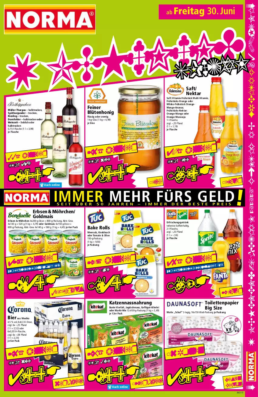 Aktueller Prospekt Norma - Norma - von 26.06 bis 03.07.2023 - strona 15 - produkty: ananas, bier, Blüte, blütenhonig, burgunder, dornfelder, eis, erbsen, erfrischungsgetränk, flasche, Geflügel, getränk, Goldmais, honig, knoblauch, mais, mango, maracuja, Maus, meersalz, Müller, Müller-Thurgau, Nassnahrung, Nektar, olive, orange, papier, riesling, saft, salz, spätburgunder, Ti, toilettenpapier, tomate, vita, wein