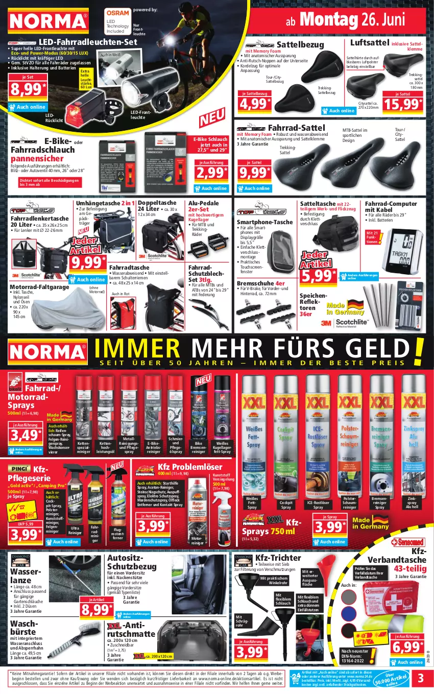 Aktueller Prospekt Norma - Norma - von 26.06 bis 03.07.2023 - strona 3 - produkty: aceto, auto, batterie, batterien, Bebe, bürste, computer, E-Bike, eis, Elektro, elle, Fahrrad, Fahrradtasche, felgen, Felgenreiniger, fenster, Garten, gin, Kette, Kugel, Leuchte, leuchten, LG, ndk, Pflegeöl, Pflegespray, pute, reifen, reiniger, Reinigung, reis, rücklicht, rwe, sattel, schlauch, schläuche, schuhe, smartphone, smartphones, Spezi, Sport, Tasche, Ti, tisch, touchscreen, umhängetasche, Warnweste, wasser, Weste