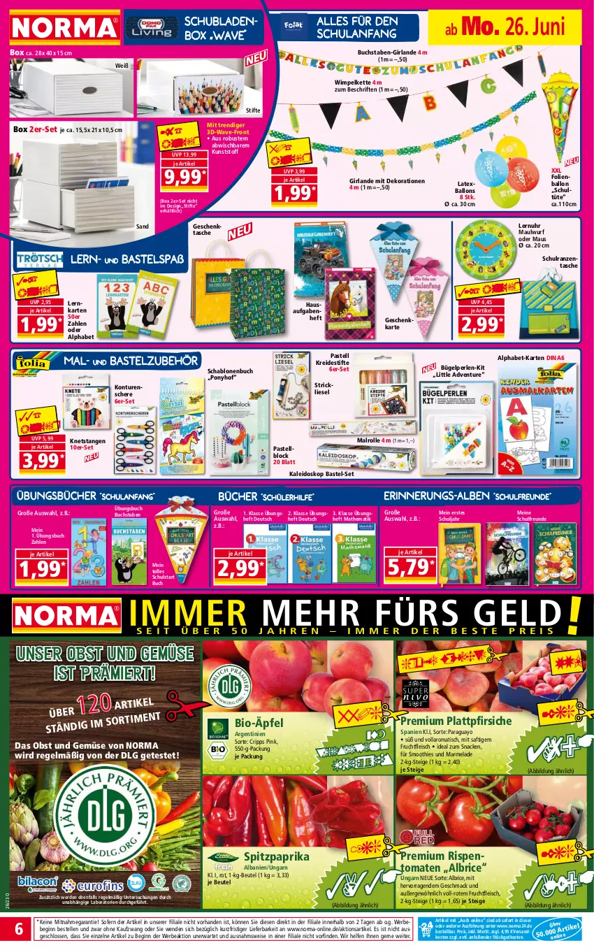 Aktueller Prospekt Norma - Norma - von 26.06 bis 03.07.2023 - strona 6 - produkty: ball, Bebe, beutel, bio, buch, bügel, dekoration, eis, elle, erde, fleisch, frucht, fruchtfleisch, Geschenktasche, gin, Girlande, Kette, Kreide, LG, mac, marmelade, Maus, ndk, obst, Obst und Gemüse, paprika, perlen, pfirsich, pfirsiche, plattpfirsiche, reis, rispentomaten, saft, Schere, schubladen, Schulranzen, smoothie, smoothies, snack, Spitzpaprika, stifte, Tasche, Ti, tiefpreis, tisch, tomate, tomaten, Tüte, uhr, und gemüse, Yo