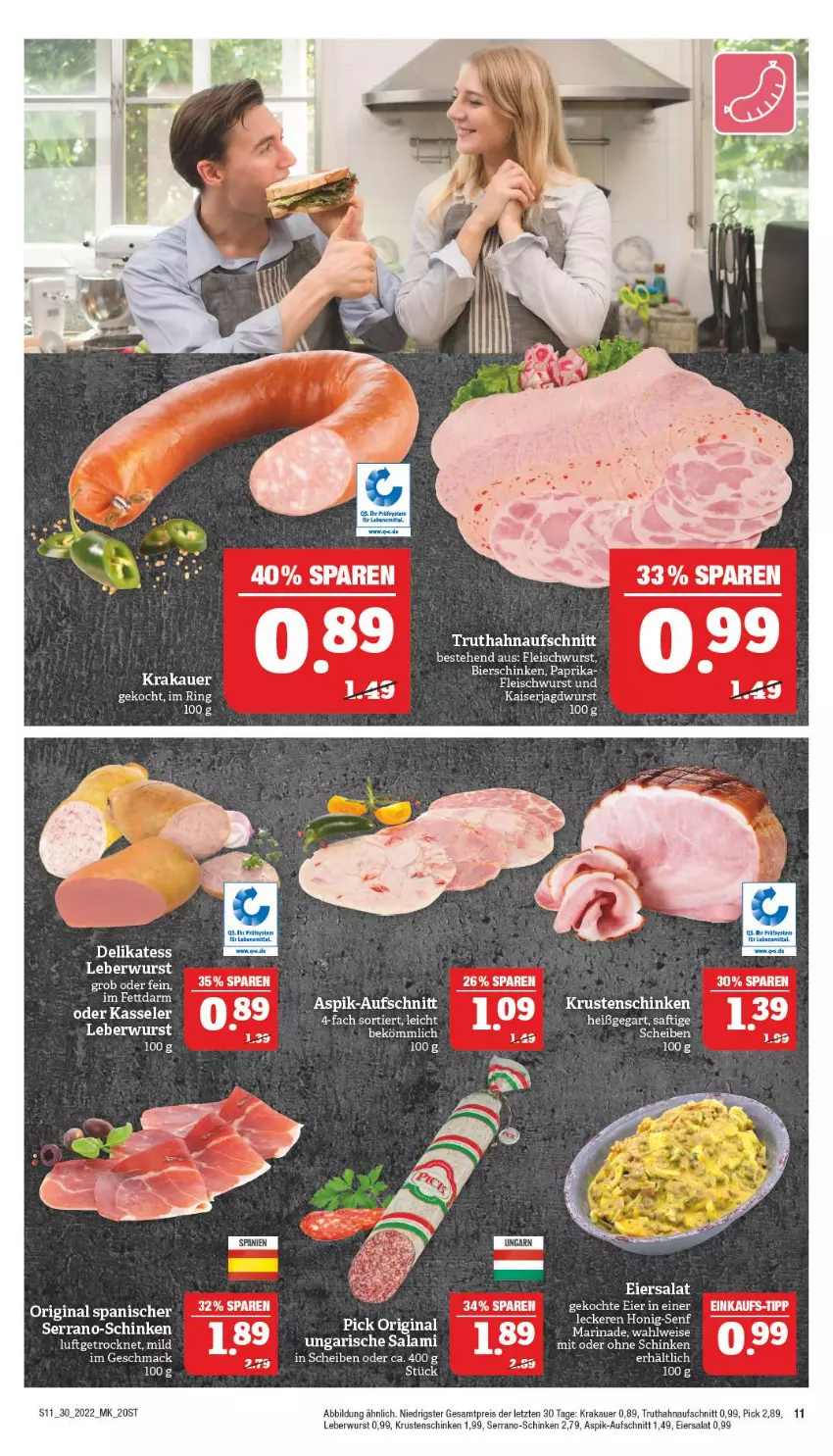 Aktueller Prospekt Marktkauf - Prospekt - von 24.07 bis 30.07.2022 - strona 11 - produkty: auer, aufschnitt, bier, bierschinken, eier, eiersalat, eis, fleisch, fleischwurst, gin, jagdwurst, Kaiser, kasseler, krakauer, Krustenschinken, leberwurst, mac, marinade, paprika, reis, ring, salami, salat, schinken, serrano, Ti, truthahn, Ungarische Salami, wurst, ZTE