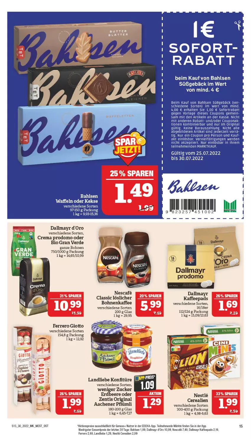 Aktueller Prospekt Marktkauf - Prospekt - von 24.07 bis 30.07.2022 - strona 15 - produkty: aktionspreis, bahlsen, beere, bio, bohne, bohnen, bohnenkaffee, cerealien, coupon, coupons, d'oro, dallmayr, dallmayr prodomo, deka, eis, erdbeere, erde, ferrero, gin, giotto, kaffee, kaffeepads, keks, kekse, konfitüre, landliebe, nescafe, nuss, prodomo, reis, sofortrabatt, Ti, waffeln, zentis, ZTE, zucker