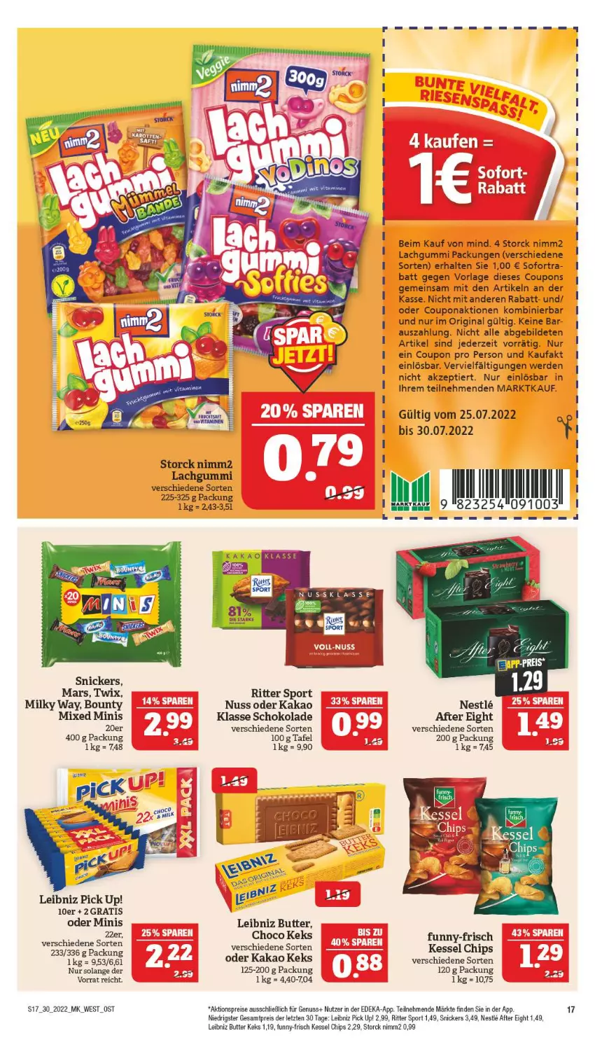 Aktueller Prospekt Marktkauf - Prospekt - von 24.07 bis 30.07.2022 - strona 17 - produkty: after eight, aktionspreis, bounty, butter, chips, coupon, coupons, deka, eis, erde, funny-frisch, gin, kakao, keks, lachgummi, leibniz, mam, mars, milky way, nimm2, nuss, Pick Up!, reis, ritter, ritter sport, schoko, schokolade, snickers, Sport, storck, Ti, twix, ZTE