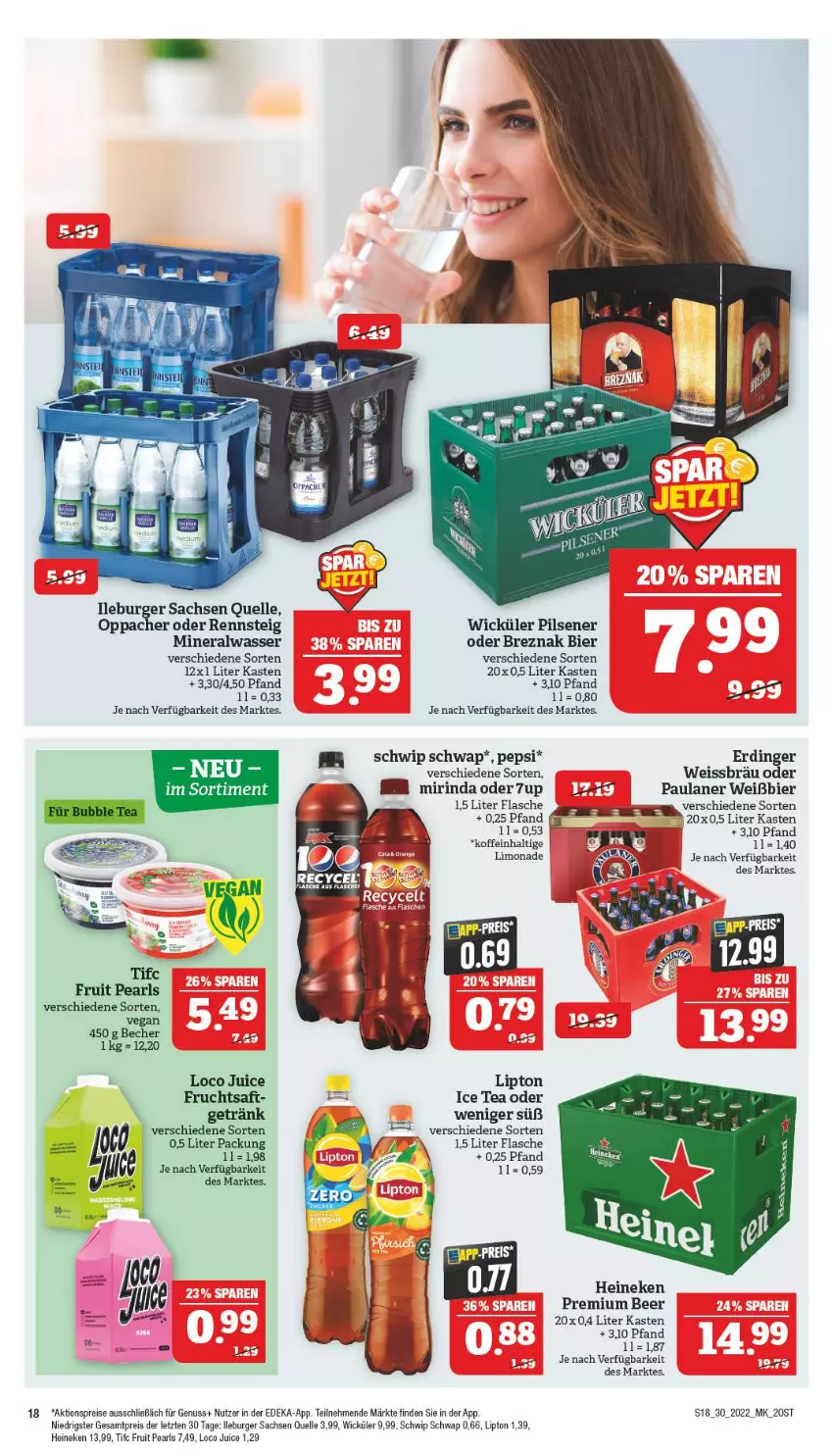 Aktueller Prospekt Marktkauf - Prospekt - von 24.07 bis 30.07.2022 - strona 18 - produkty: 7UP, aktionspreis, Alwa, Becher, bier, burger, deka, eis, elle, erdinger, flasche, frucht, fruchtsaft, getränk, heineken, ice tea, limo, limonade, lipton, lipton ice tea, mineralwasser, Mirinda, nuss, Paula, paulaner, pepsi, pils, pilsener, reis, rind, sac, saft, Schwip Schwap, Ti, wasser, WICK, ZTE