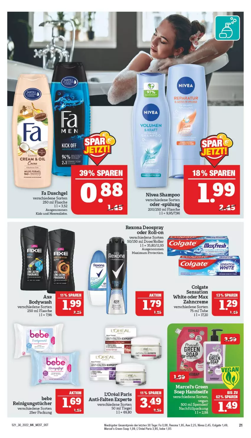 Aktueller Prospekt Marktkauf - Prospekt - von 24.07 bis 30.07.2022 - strona 21 - produkty: anti-falten experte, asti, axe, Bebe, body, colgate, creme, deo, deospray, dip, duschgel, eis, fa duschgel, flasche, Handseife, l'oreal, LG, nivea, Reinigung, reinigungstücher, reis, rexona, roll-on, Roller, Seife, shampoo, spülung, Ti, tücher, zahncreme, ZTE