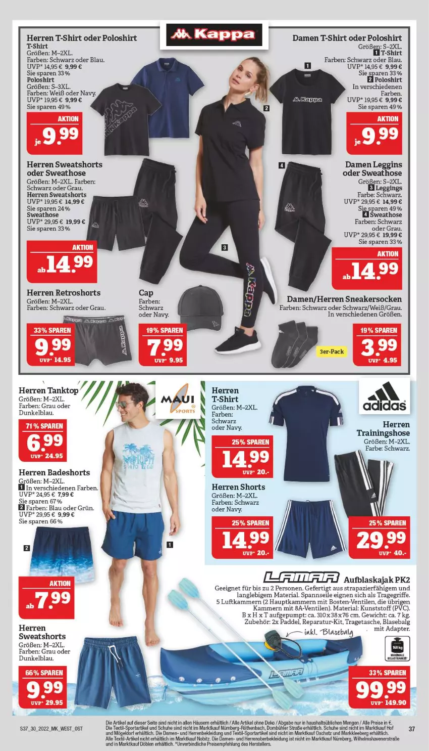 Aktueller Prospekt Marktkauf - Prospekt - von 24.07 bis 30.07.2022 - strona 37 - produkty: adapter, Bad, badeshorts, Blasebalg, Cap, damen t-shirt, eis, elle, gin, herren badeshort, hose, K2, Kajak, kleid, Kleidung, leggings, LG, poloshirt, reis, retroshorts, Ria, schuhe, shirt, shorts, sneaker, sneakersocken, socken, Sport, Sweathose, sweatshorts, T-Shirt, tanktop, Tasche, teller, Ti, tragegriff, tragetasche, Trainingshose