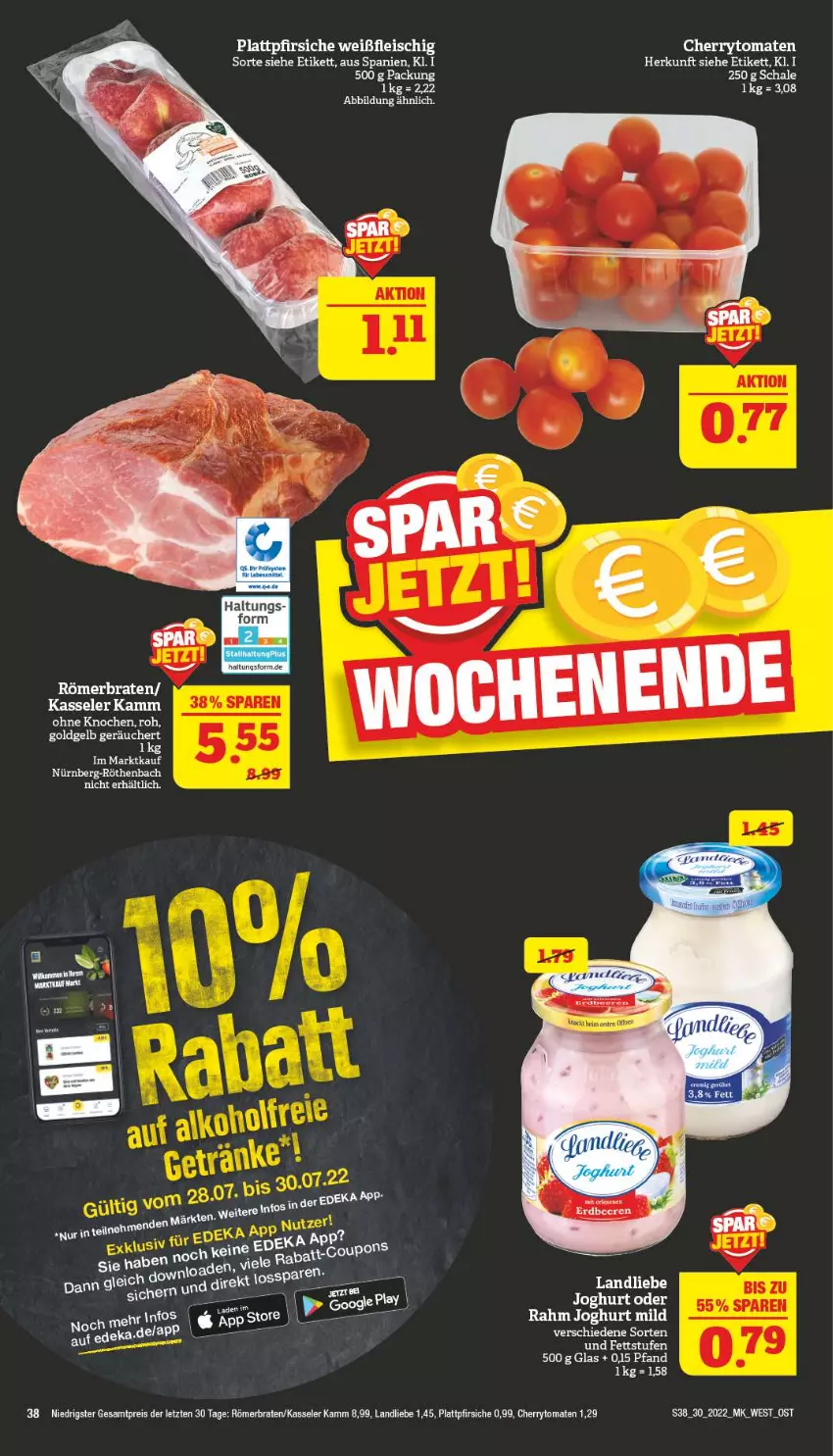 Aktueller Prospekt Marktkauf - Prospekt - von 24.07 bis 30.07.2022 - strona 38 - produkty: beere, beeren, braten, cherrytomaten, eis, erdbeere, erdbeeren, joghur, joghurt, joghurt mild, kasseler, landliebe, pfirsich, pfirsiche, plattpfirsiche, reis, Schal, Schale, Ti, tomate, tomaten, ZTE