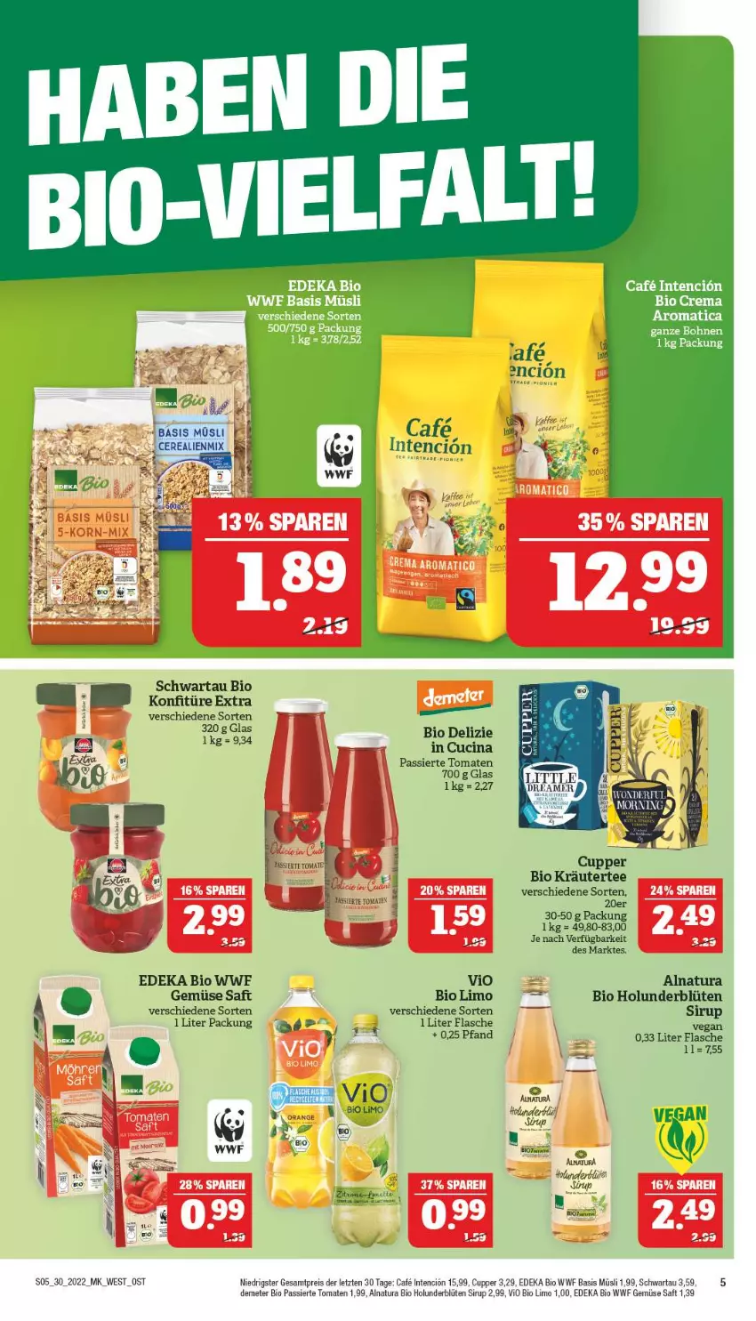 Aktueller Prospekt Marktkauf - Prospekt - von 24.07 bis 30.07.2022 - strona 5 - produkty: basis müsli, bio, bio limo, Blüte, cin, deka, edeka bio, eis, flasche, holunder, holunderblüte, konfitüre, konfitüre extra, kräuter, limo, müsli, natur, natura, reis, saft, Schwartau, sirup, tee, tomate, tomaten, vio bio limo, ZTE