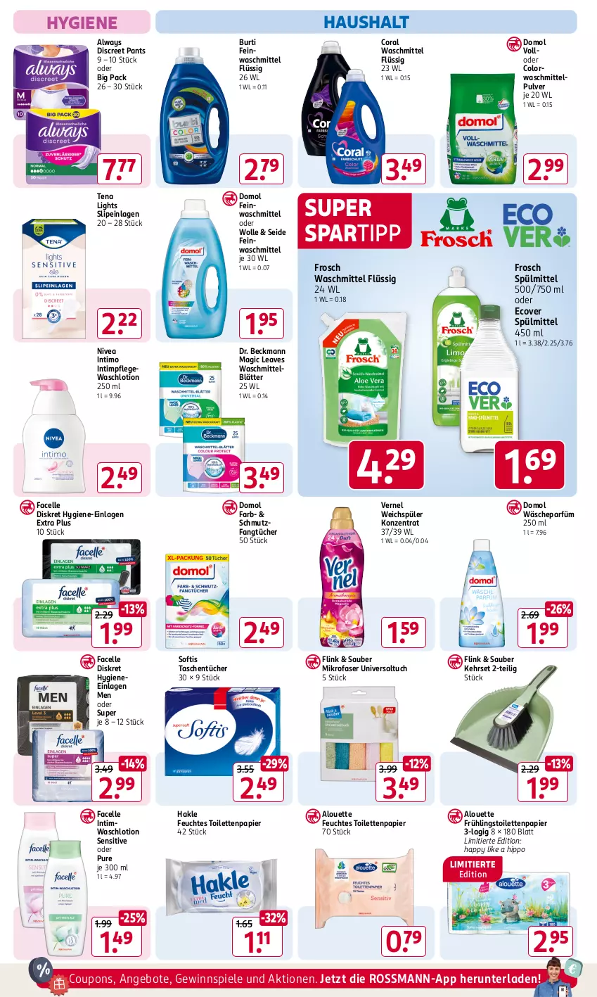 Aktueller Prospekt Rossmann - Prospekte - von 31.01 bis 06.04.2025 - strona 14 - produkty: alouette, Alwa, Always, angebot, angebote, burti, Coral, coupon, coupons, Discreet, Domol, Dr. Beckmann, elle, Facelle, Fangtücher, feinwaschmittel, feuchtes toilettenpapier, Frosch, gewinnspiel, hakle, hipp, Lotion, mikrofaser, nivea, Pants, papier, slip, slipeinlagen, spartipp, Spiele, spülmittel, Tasche, taschen, taschentücher, Ti, toilettenpapier, tuc, tücher, vernel, wäscheparfüm, Waschlotion, waschmittel, weichspüler, wolle