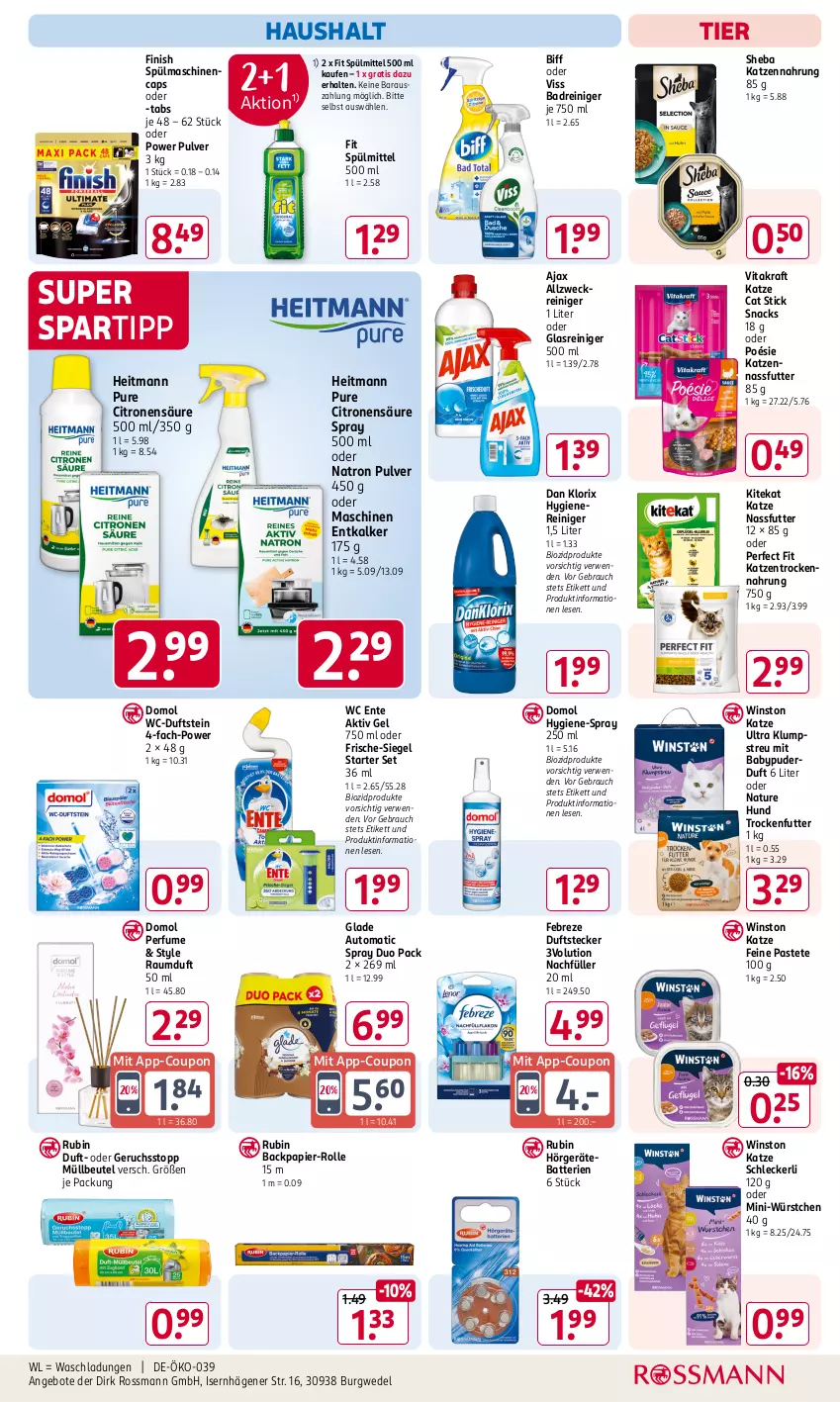 Aktueller Prospekt Rossmann - Prospekte - von 31.01 bis 06.04.2025 - strona 15 - produkty: ajax, aktiv gel, angebot, angebote, auto, Babypuder, Bad, batterie, batterien, beutel, biff, bio, biozidprodukte, Cap, coupon, Domol, ente, entkalker, febreze, Finish, Glade, Glasreiniger, heitmann, katzennahrung, kitekat, klumpstreu, kraft, Mini-Würstchen, müllbeutel, nassfutter, natur, papier, pastete, Perfect Fit, Rauch, Raumduft, reiniger, Rubin, rwe, sheba, snack, snacks, spartipp, spülmaschinen, spülmittel, Ti, trockenfutter, Trockennahrung, vita, vitakraft, wc ente, weck, wedel, würstchen