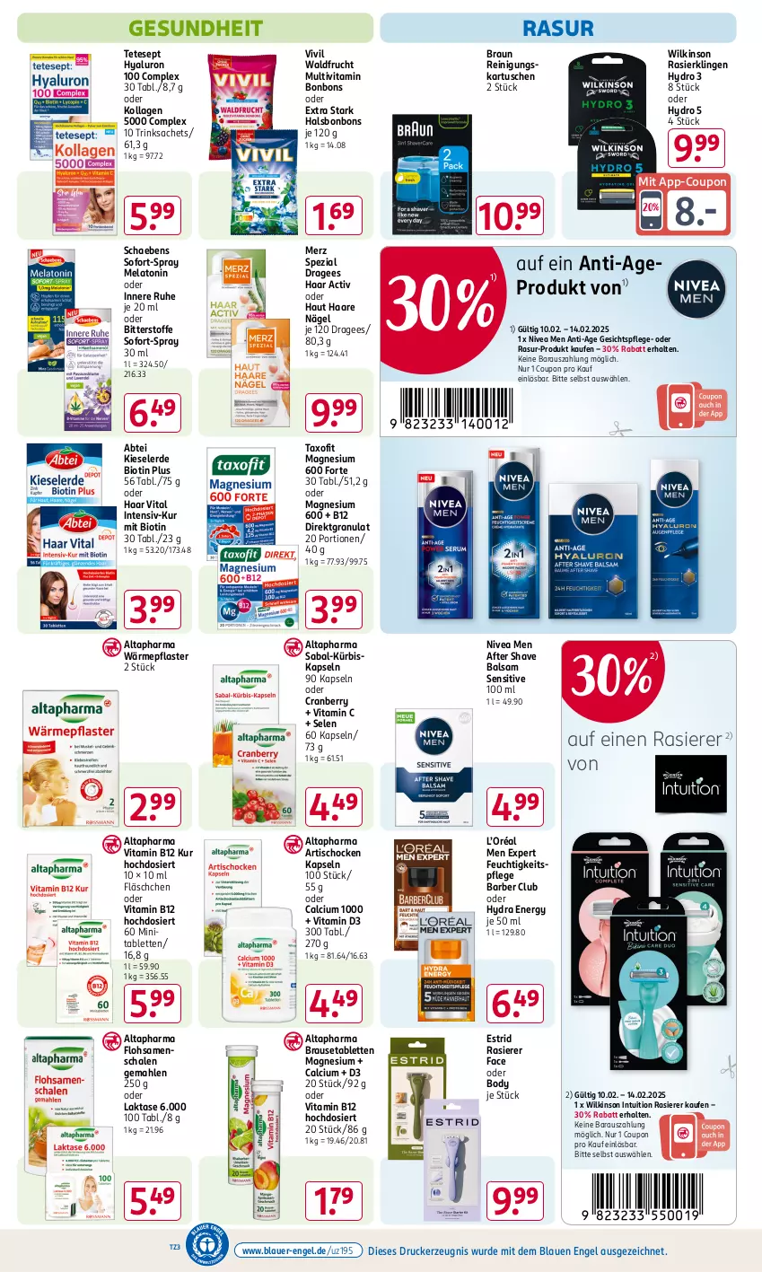 Aktueller Prospekt Rossmann - Prospekte - von 31.01 bis 06.04.2025 - strona 4 - produkty: Abtei, after shave, Altapharma, Artischocken, auer, balsam, bio, body, bonbons, braun, brause, Brausetabletten, Calcium, coupon, cranberry, drucker, Engel, erde, feuchtigkeitspflege, Flohsamenschalen, frucht, gesichtspflege, Gesundheit, hyaluron, kerze, Kieselerde, Kollagen, Kürbis, magnesium, Merz Spezial, nivea, Nivea Men, pflaster, rasierer, Rasierklinge, rasierklingen, Reinigung, sac, Schaebens, Schal, Schale, Spezi, tablet, tablett, Tablette, Taxofit, Ti, tisch, vita, Vitamin B, Vitamin C, Vitamin D, wilkinson