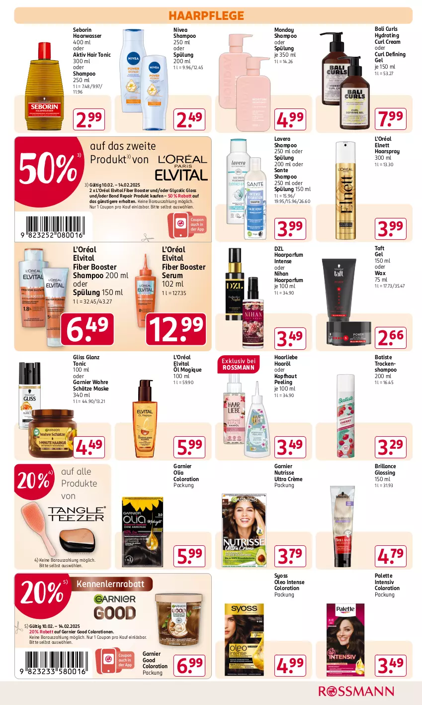 Aktueller Prospekt Rossmann - Prospekte - von 31.01 bis 06.04.2025 - strona 5 - produkty: brillance, Colorationen, coupon, elnett, elvital, garnier, gliss, haarpflege, haarspray, Hair Tonic, lavera, Maske, nivea, Nutrisse, Palette, parfum, Peeling, rum, SANTE, Serum, shampoo, shampoo 250 ml, shampoo oder spülung, spülung, spülung 200 ml, syoss, Taft, Ti, tonic, Trockenshampoo, vita, Wahre Schätze, wasser, Yo