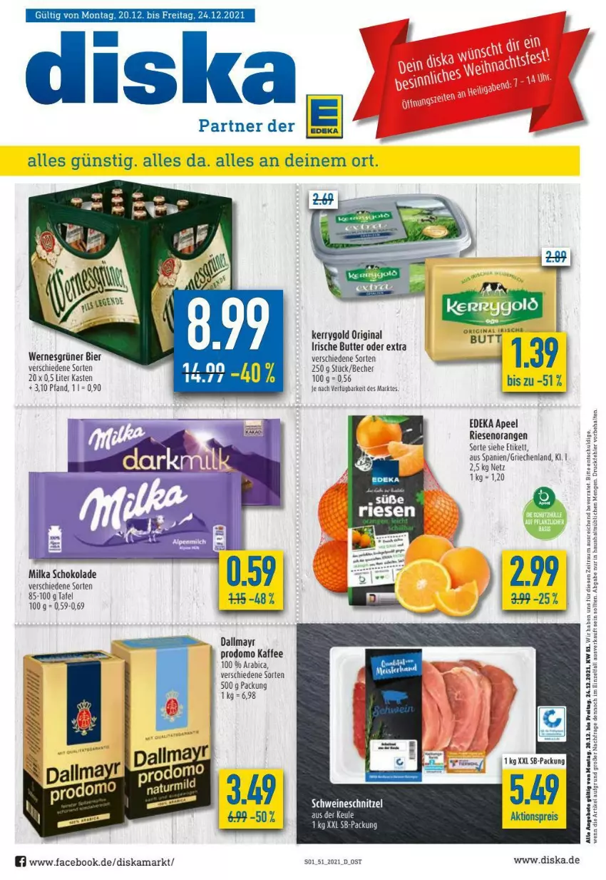 Aktueller Prospekt Diska - Prospekte - von 20.12 bis 24.12.2021 - strona 1 - produkty: aktionspreis, angebot, Becher, bier, butter, dallmayr, deka, eis, fritz, gin, irische butter, kaffee, kerrygold, milka, milka schokolade, orange, orangen, prodomo, reis, schoko, schokolade, tee, Ti