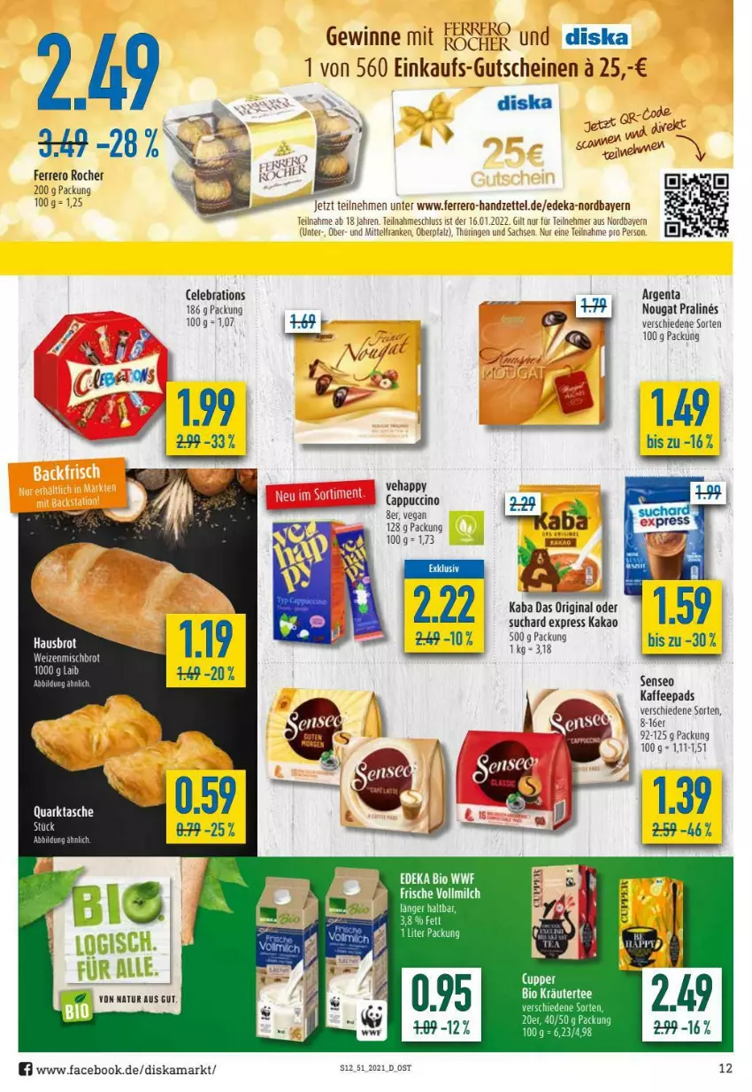 Aktueller Prospekt Diska - Prospekte - von 20.12 bis 24.12.2021 - strona 12 - produkty: bio, Cap, cappuccino, cin, deka, edeka bio, ferrero, Ferrero Rocher, gin, gutschein, gutscheine, kaffee, kaffeepads, kakao, natur, quark, ring, sac, senseo, Tasche, Ti