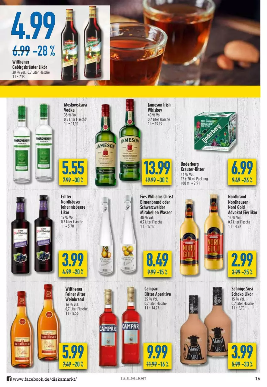 Aktueller Prospekt Diska - Prospekte - von 20.12 bis 24.12.2021 - strona 16 - produkty: beere, Birnen, campari, eier, eierlikör, elle, flasche, irish whiskey, jameson, johannisbeere, kräuter, likör, moskovskaya, nordbrand, schoko, Ti, underberg, vodka, wasser, wein, weinbrand, whiskey, wilthener